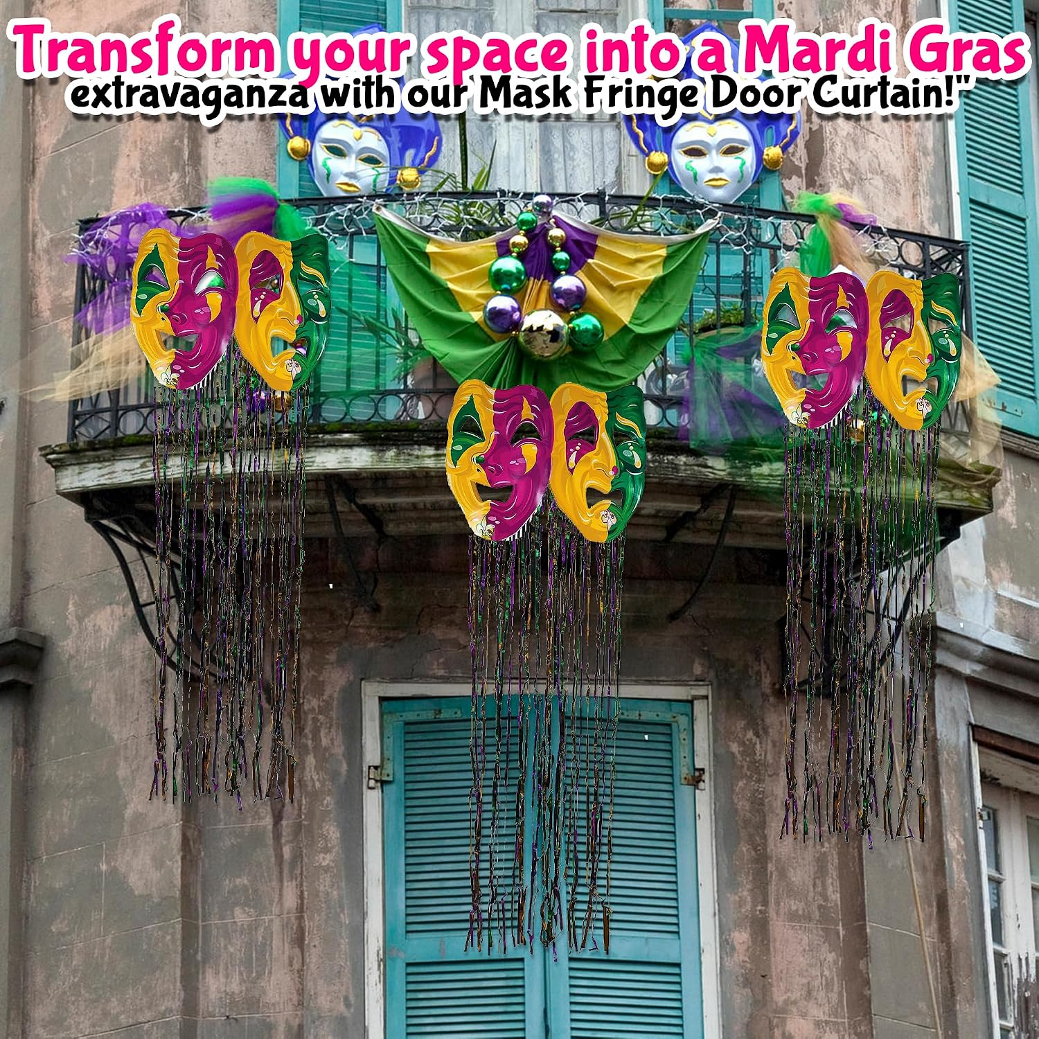 Fun Express Mardi Gras Mask Fringe Doorway Curtain (34.25 in Wide 8 feet Long) Party Decorations