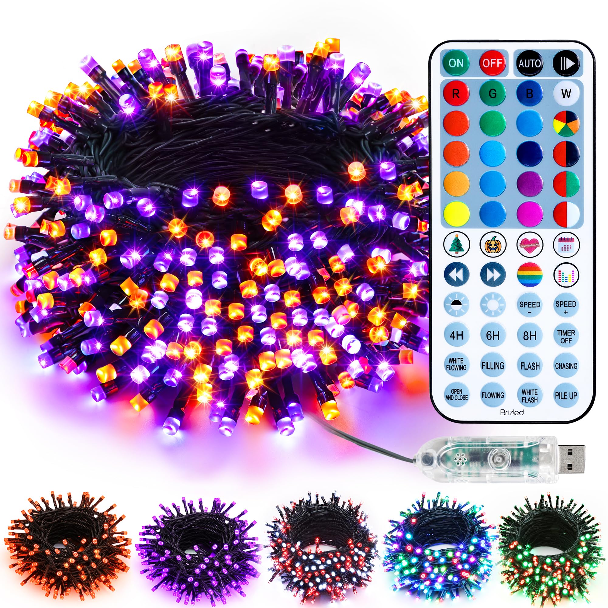 Brizled Guirlande lumineuse de Noël à changement de couleur, 10 m, 100 LED RVB avec télécommande, lumières patriotiques à intensité variable, rouge, blanc, bleu, éclairage décoratif d'intérieur USB