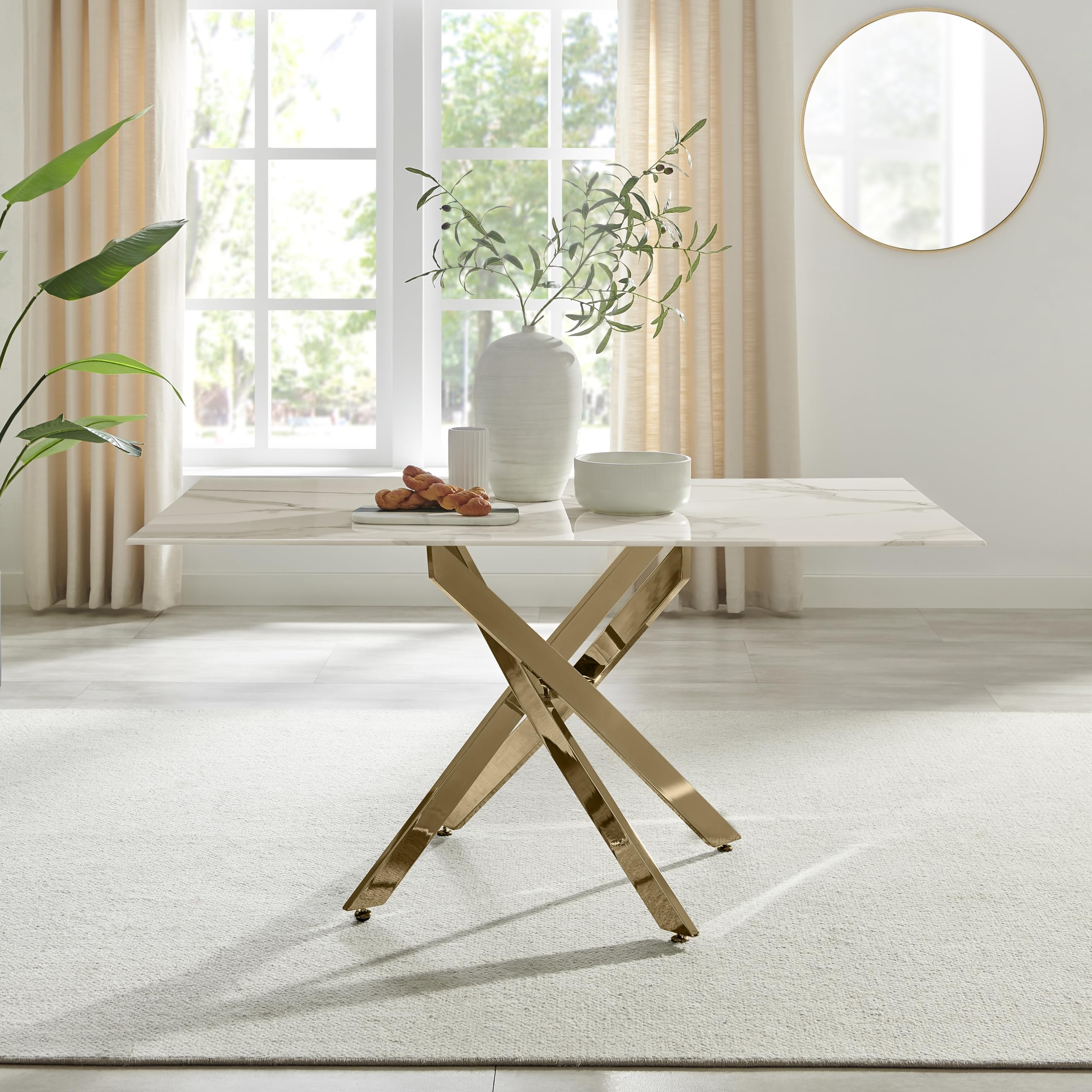 – Furniturebox UK Dining Table - Leonardo 6 Seat Dining Table - Glass White Marble Effect Table Shiny Gold Metal Legs -Nested Starburst Design - Modern Contemporary Dining Room Home Kitchen