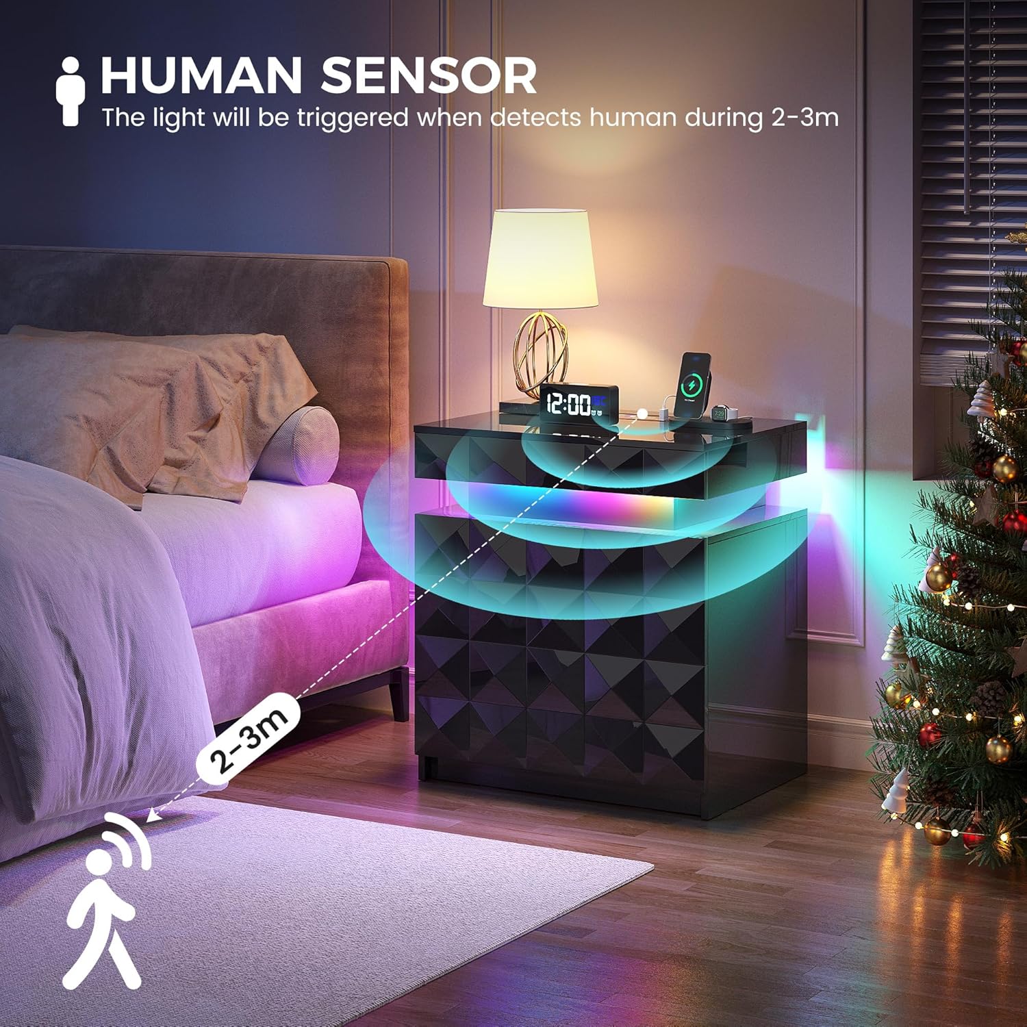 LED Nightstand Set of 2 with Charging Station,3 Drawers Night Stand with Lockable Hidden Storage,Smart Bedside Table with Human Sensor RGB Lights for Bedroom,Black