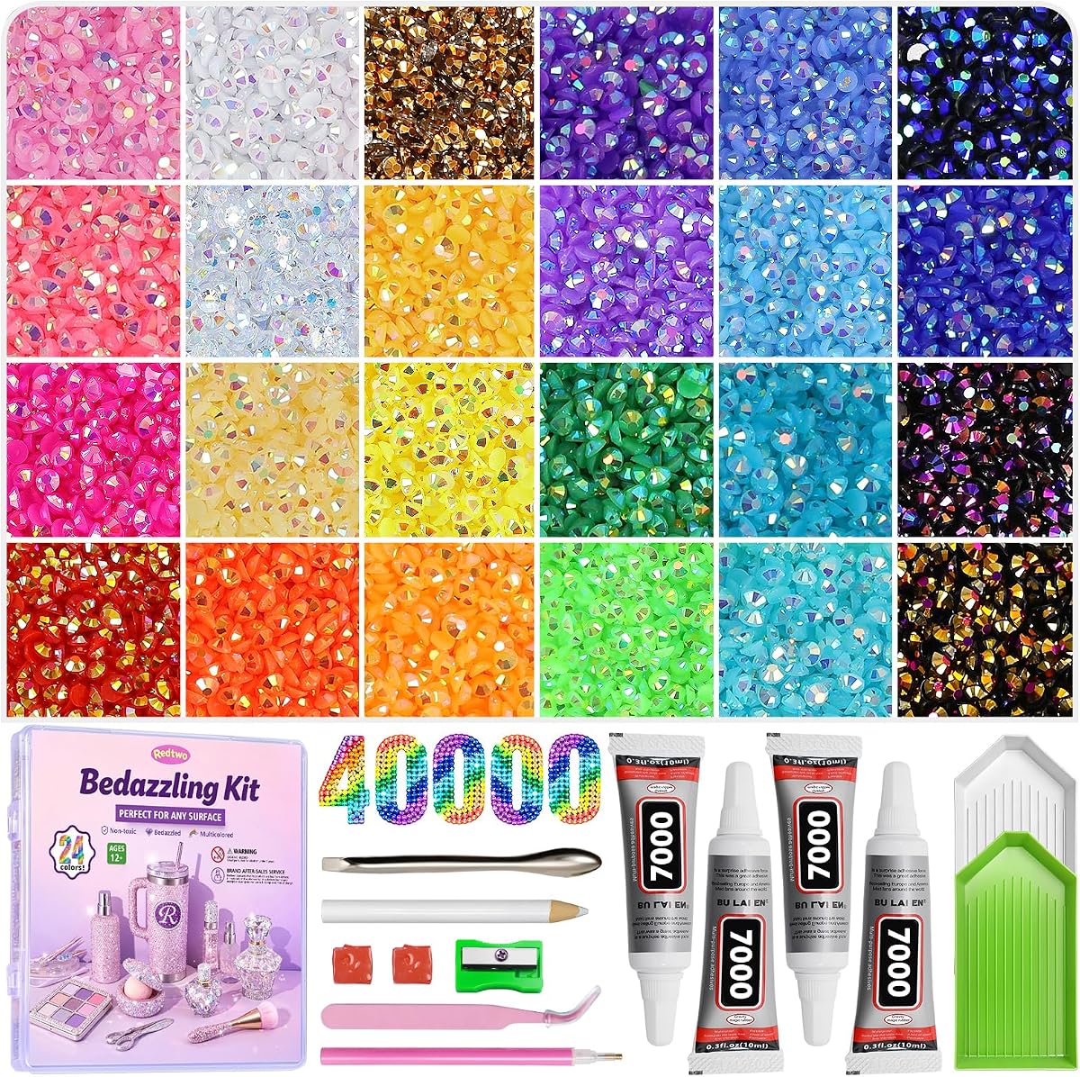 Redtwo 40000Pcs Resin Jelly Rhinestones for Bedazzling Kit | 24 Colors, 3mm Multicolor Flatback Rhinestones, 4Pcs Glue and Tools, Bedazzler Kit for Clothes, Books, Shoes, Nail & Crafting