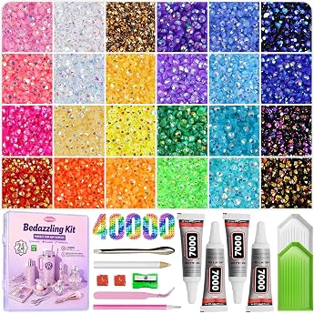 42 Colors 42000Pcs Rhinestones Bedazzling Kit, 3mm Flatback Resin Rhinestones with 3Pcs B7000 Glue Tools All Stored in One Box, Bedazzler Kit with Rhinestones and Tools for DIY Arts Crafts