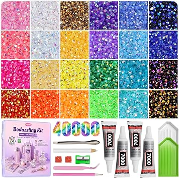 Redtwo 40000Pcs Resin Jelly Rhinestones for Bedazzling Kit | 24 Colors, 3mm Multicolor Flatback Rhinestones, 4Pcs Glue and Tools, Bedazzler Kit for Clothes, Books, Shoes, Nail & Crafting