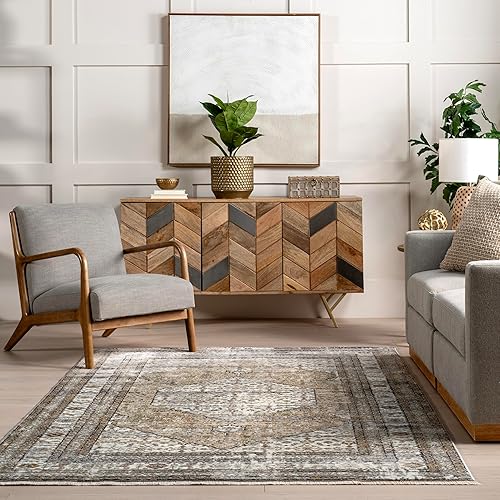 Miniatura 7 de nuLOOM Charvi - Alfombra de área con flecos de medallón envejecido, 5 x 7 pies 10 pulgadas, color marfil