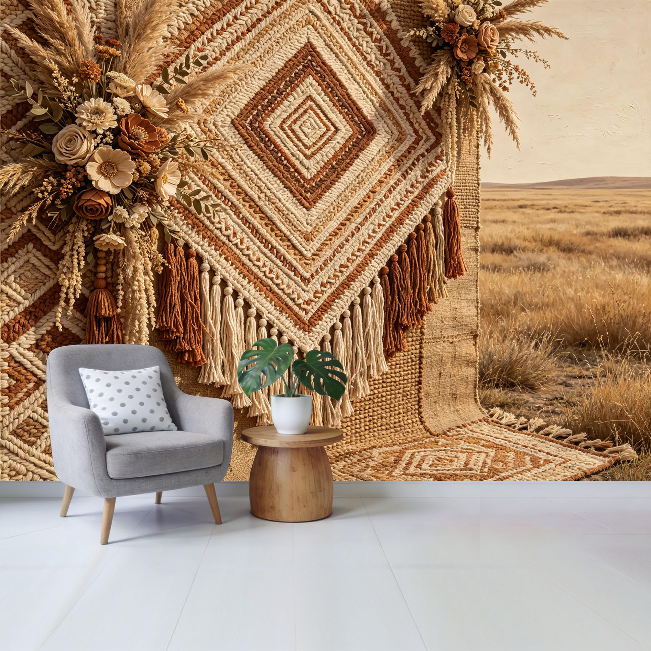Qzlithotic Yq2605251213 Custom Size Wall Mural Bohemian Macrame Tapestry Boho Flowers Geometric Textured Selfadhesive Wall Fabric Removable Wallpaper For Home Office Decor