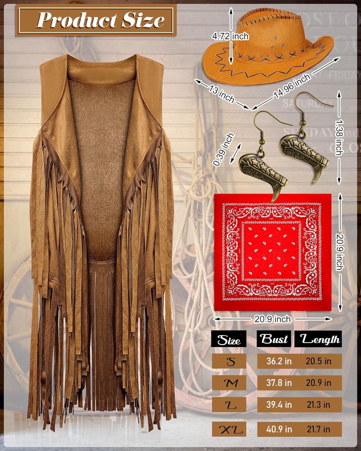 Jecery 4 Pieces Halloween Western Cowgirl Outfits Set,60s 70s Hippie Costume,Cowgirl Cosplay Fringe Vest Bandana Cowboy Hat - Image 2
