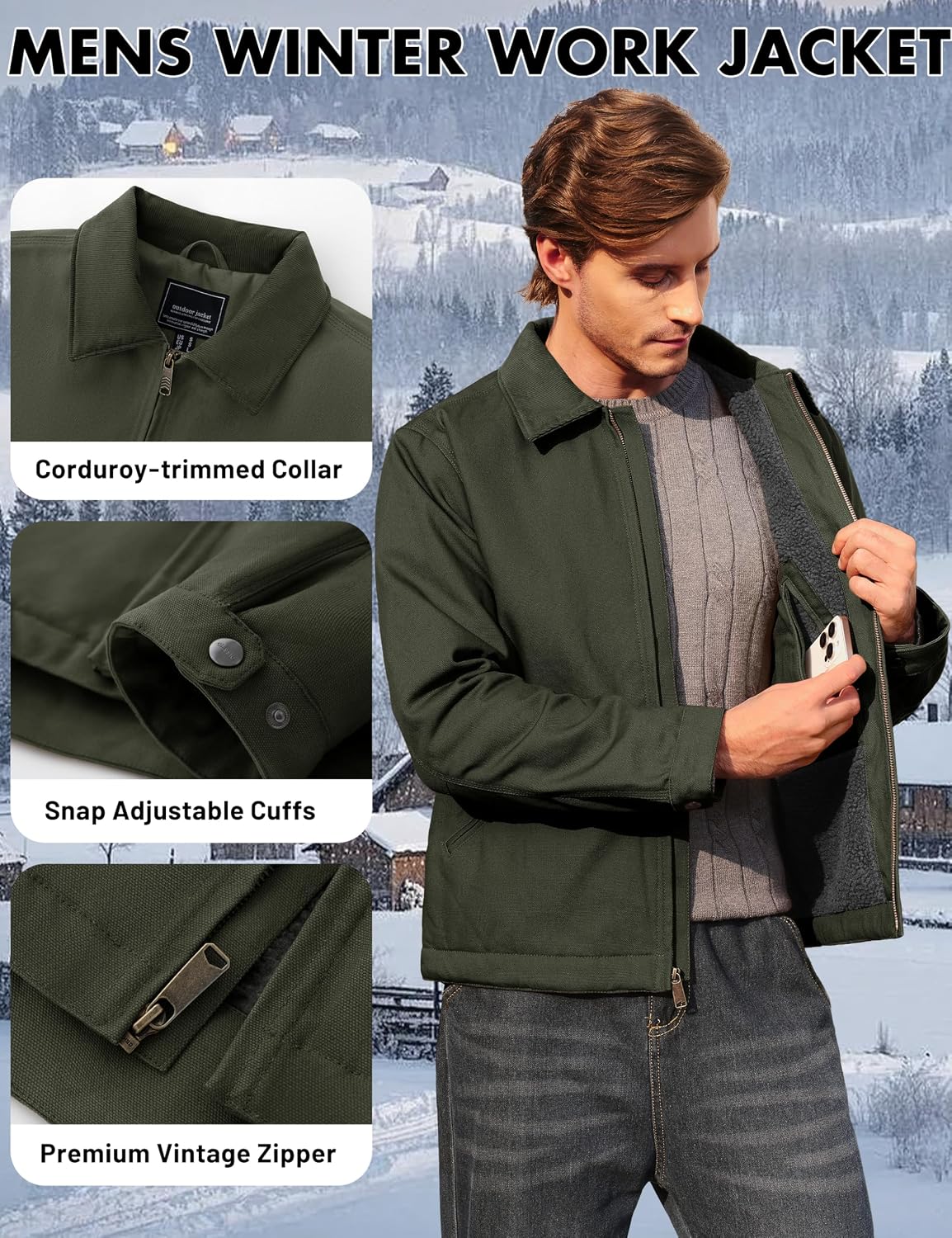 Cotrasen Men's Work Jacket Heavyweight Cotton Duck Canvas Jacket Sherpa Lined Waterproof Winter Warm Coat with 5 Pockets