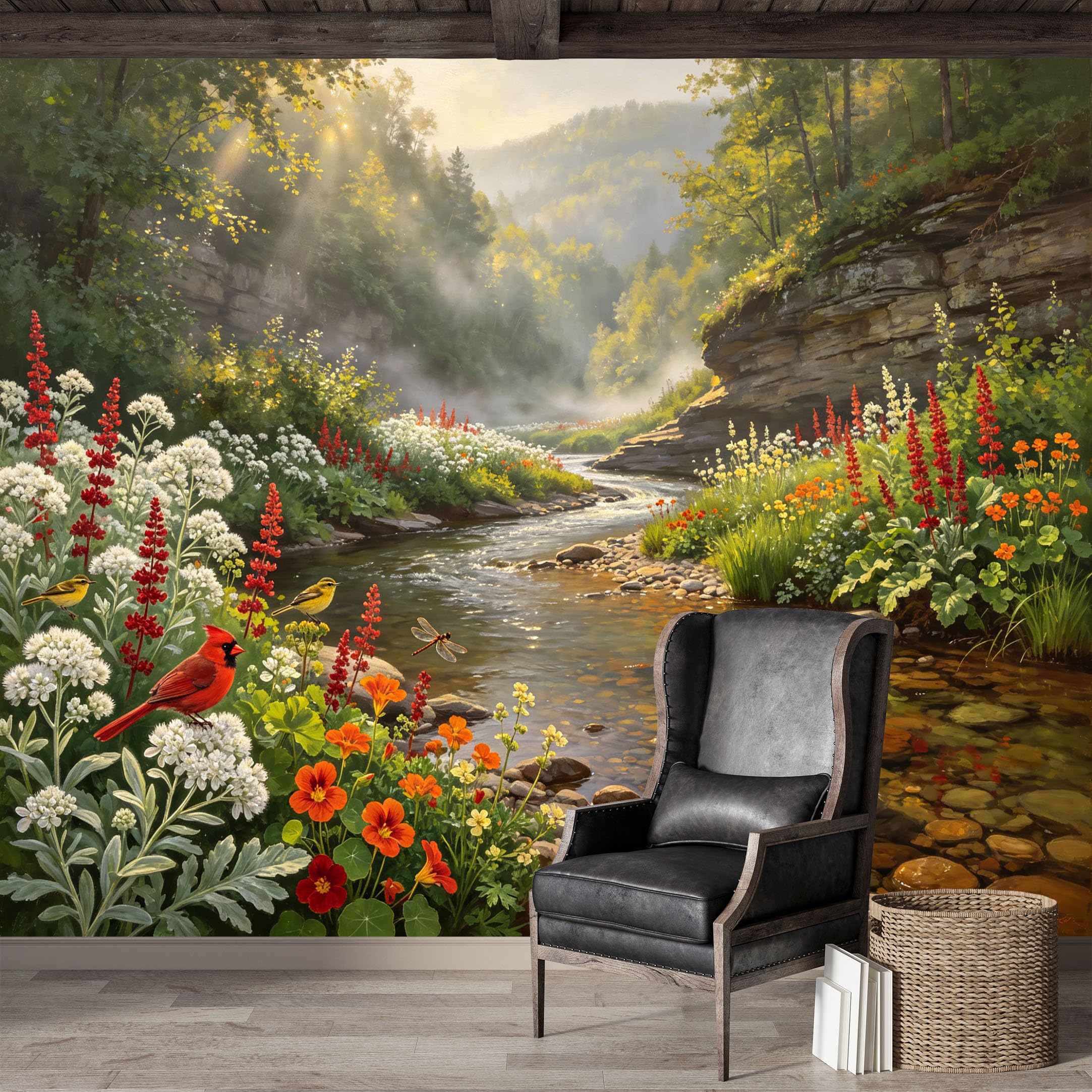 Custom Size Wall Mural,Tranquil Forest Stream Nature Landscape Watercolor Premium Water Activated SelfAdhesive Wallpaper,Removable Wall Covering for Indoor Home Decor