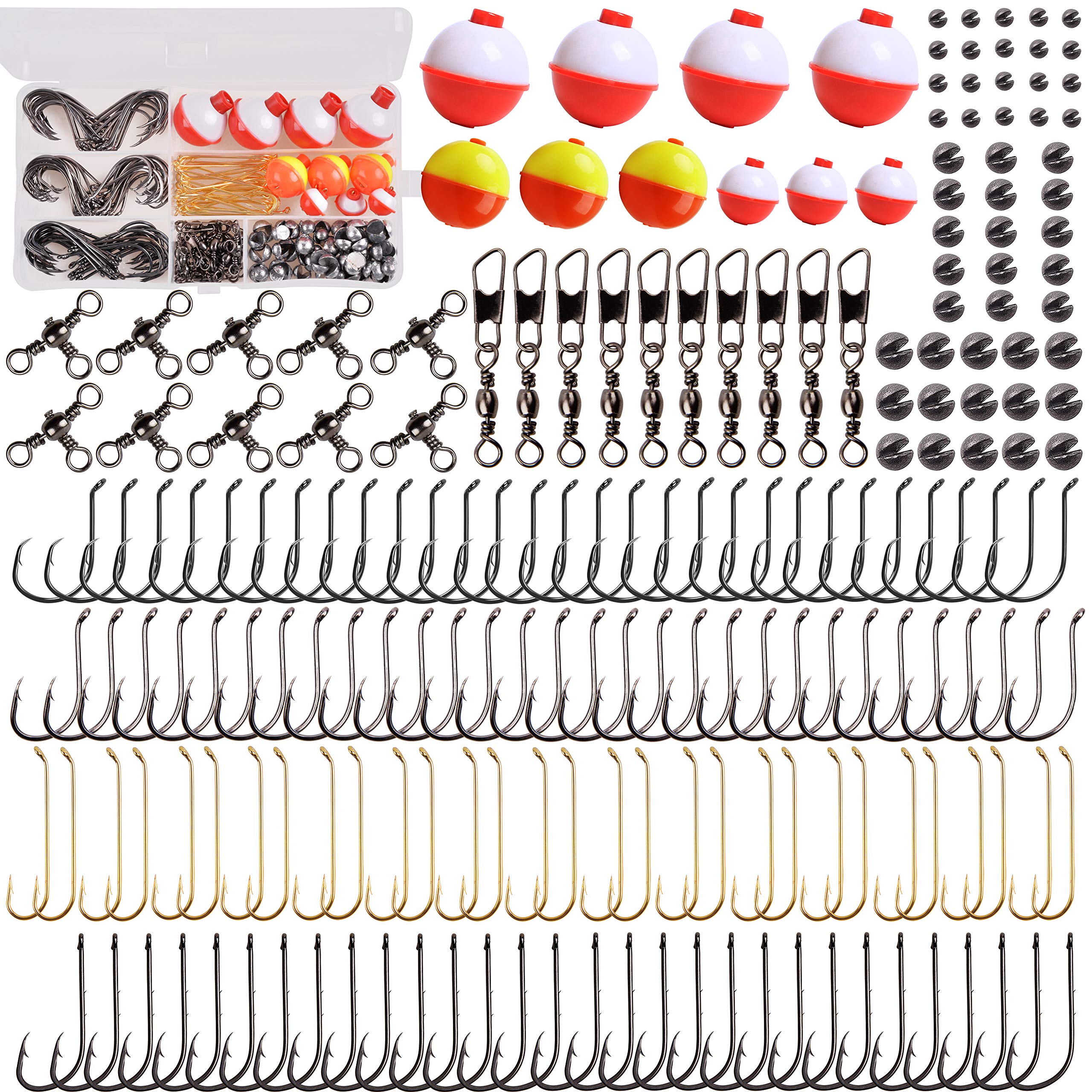 OROOTLFreshwater Fishing Tackle Box, 200pcs Fishing Gear Kit Include Fishing Hooks Float Bobbers Swivel Snap Sinker Weights Kids Starter Basic Fishing Tackle Kit Accessories for Trout Bass Panfish
