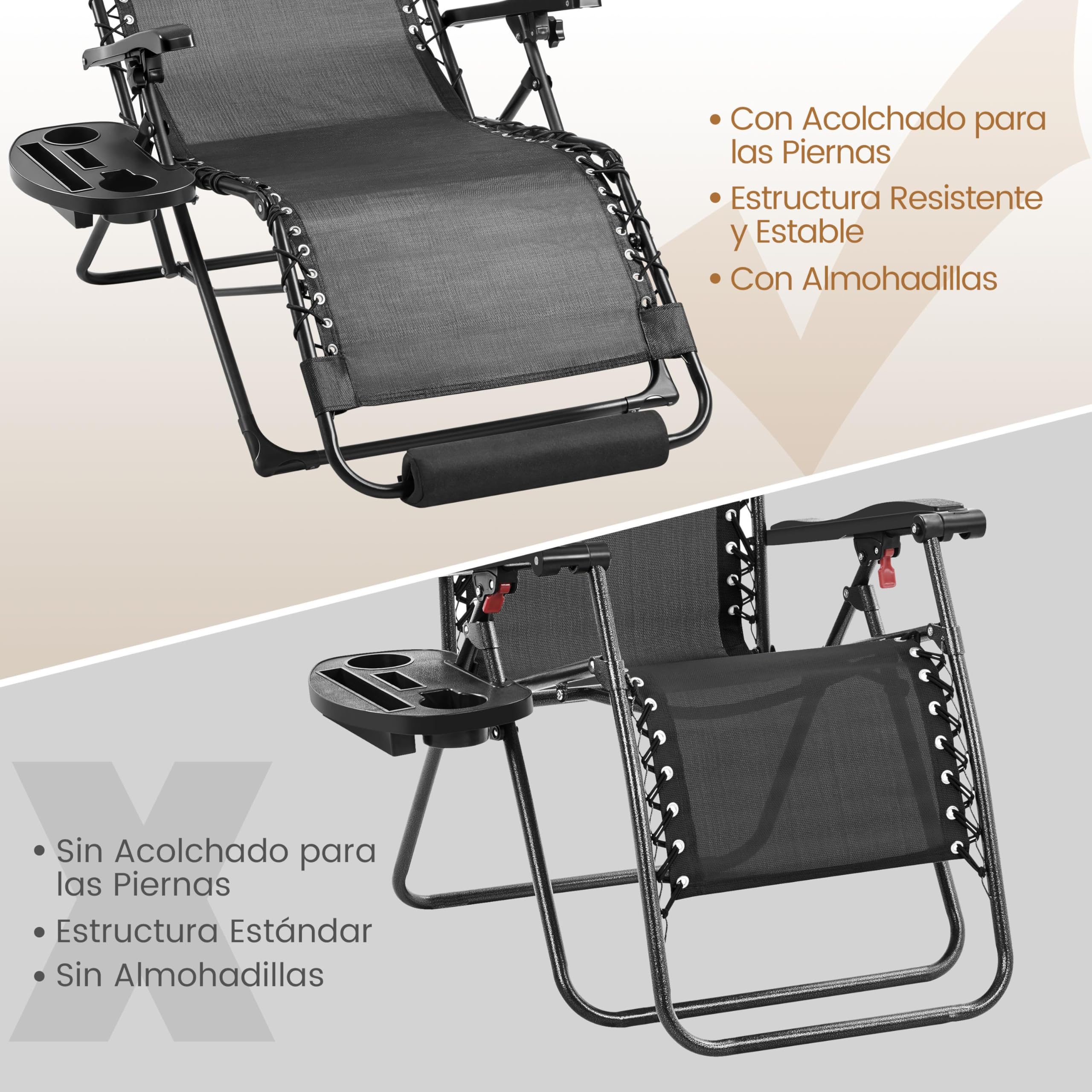 Yaheetech Tumbona Plegable y Resistente, Tumbonas Jardin Exterior, Capacidad de Carga 200kg, Tapizado Ergonómico, Respaldo Ajustable, Cojín Cervical, Portavasos y Cojín para Brazos, Gris Oscuro/Negro — view 7