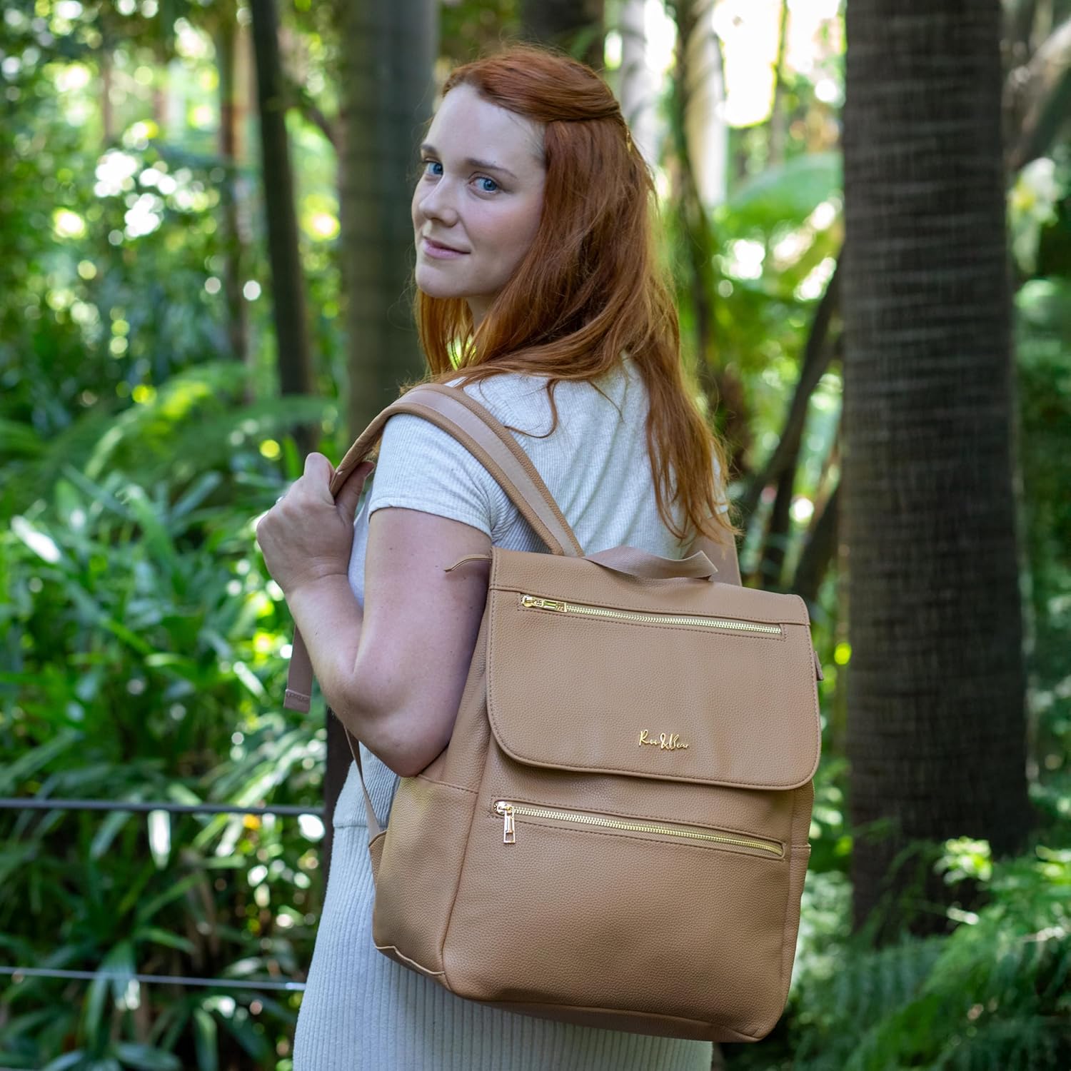 Premium Vegan Leather Diaper Bag Backpack – Large Designer Baby Bag, Stylish Diaper Backpack with Stroller & Crossbody Straps & Multiple Compartments (Tan Brown)