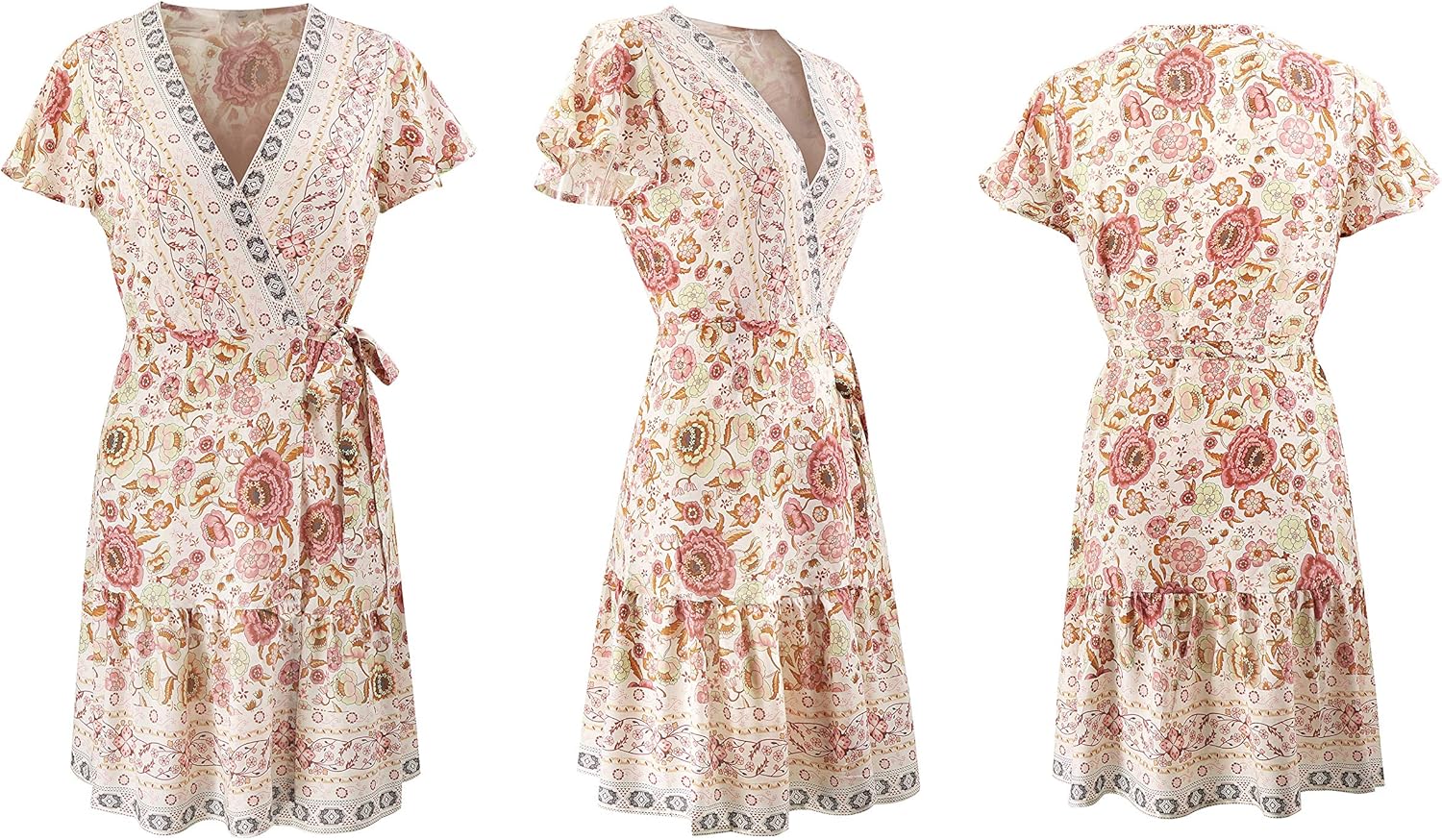 R.Vivimos Women Summer Short Sleeve Casual Bohemian Beach Ruffle Floral Print Bow Tie Short Sun Dress - Image 6