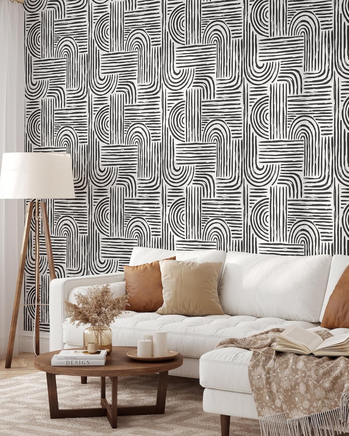 Aesthetic Modern Peel and Stick Wallpaper | Removable Self Adhesive Geometric Black and White Wallpaper | Mid Century Boho Lines Wallpaper (1 roll 24" W x 96" H)