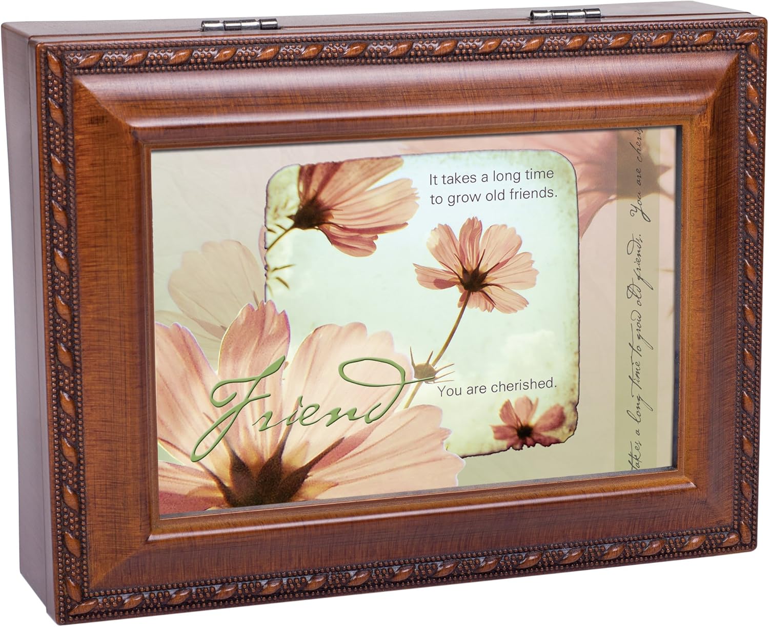 Cottage Garden Old Friends Friendship Woodgrain Rope Trim Music Jewelry Box Plays That's What Friends are for