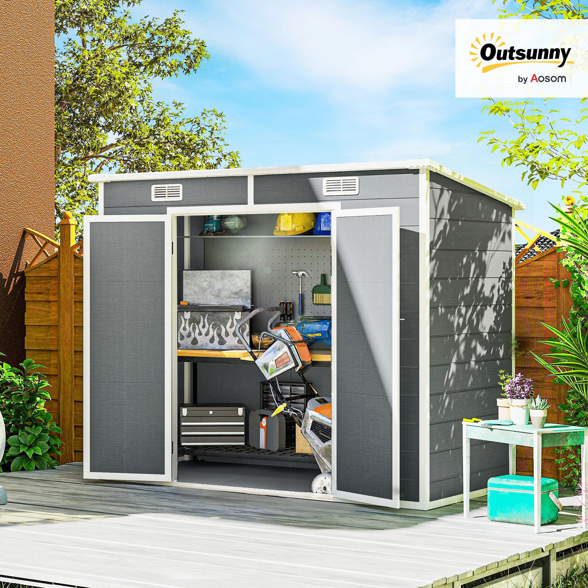 Outsunny Abri de Jardin 2,54 m² cabane de Jardin extérieur 2,4 x 1,3 m cabanon Rangement Outils avec Fondation, fenêtre, Portes verrouillables et 2 aérations, abri à Outils en Aluminium et PP, Gris