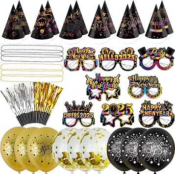 75Pcs Neon Color New Years Eve Party Supplies,Happy New Year Headband, Gold Black New Years Eve Party Favors 2025 NYE Necklace Gathering