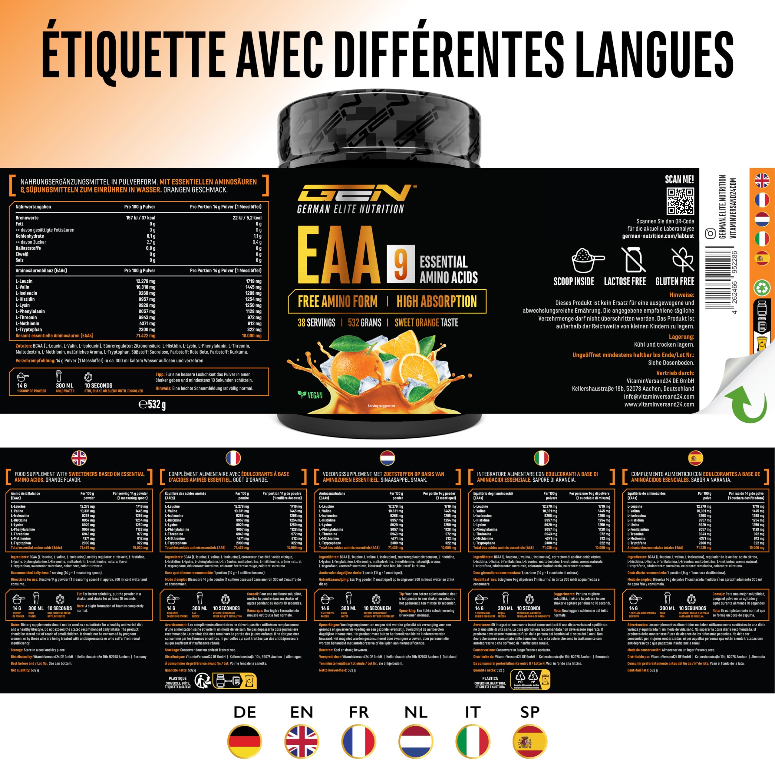 Poudre d’EAA 532 g (38 Portions) - les 9 Acides Aminés Essentiels incl. Histidine & BCAA - Formule Human Code - Végane - Très Bonne Solubilité - Boisson d’Acides Aminés Rafraîchissante (Sweet Orange)