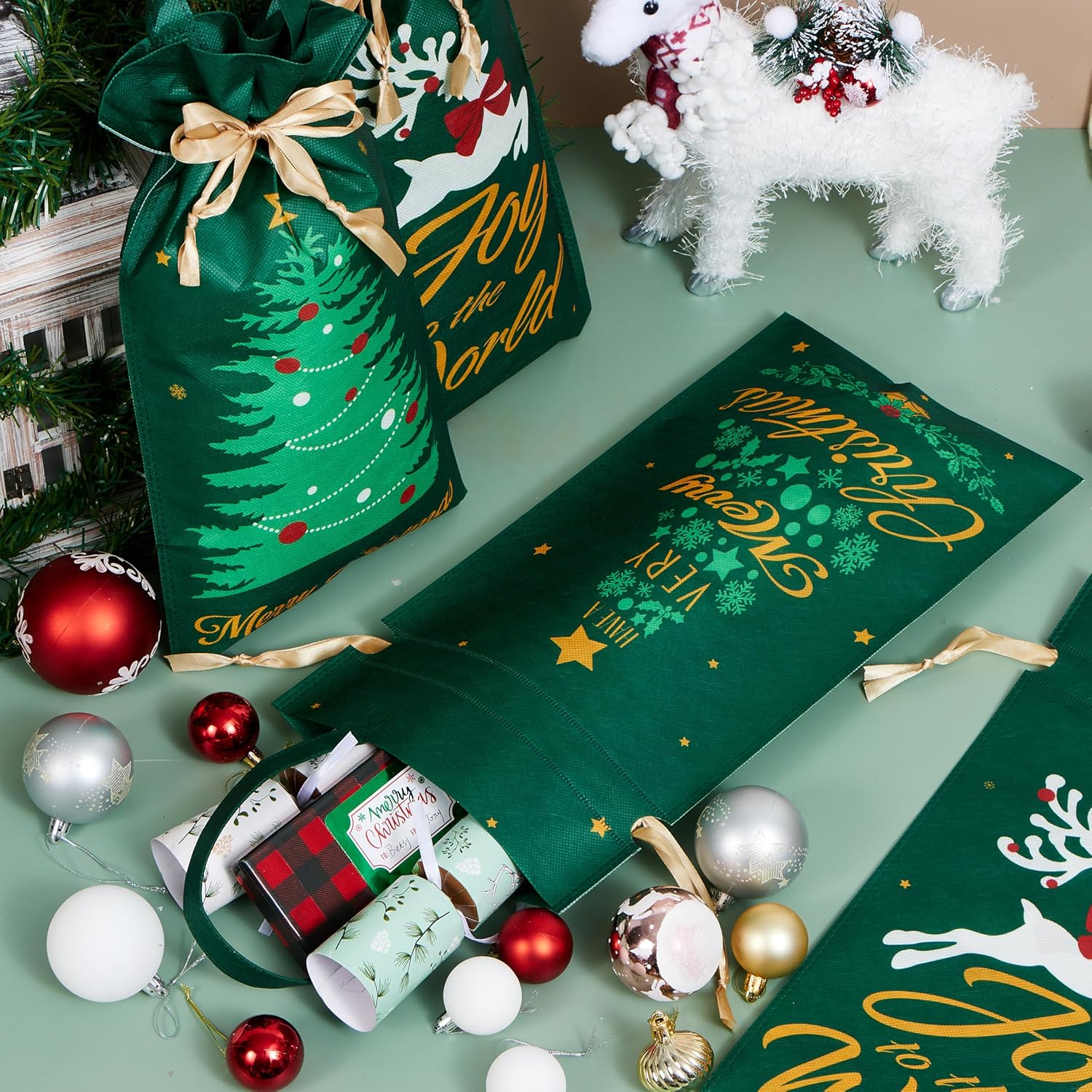 JOYIN 6 PCS Christmas Drawstring Gift Bags Present Wrap Reusable Non-woven fabrics Bags with Handle for Xmas Party Decoration Jewelry Pouch Festivals Supplies (17" x 8.5")