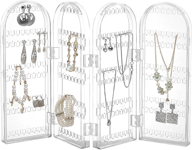 Beautify Jewellery Organiser, Acrylic Jewellery Stand w/260 Earring Holes, 128 Jewellery Hooks & 4 Folding Panels, Multi-Purpose Dressing Table Jewellery Holder for Bracelets, Rings & Necklaces