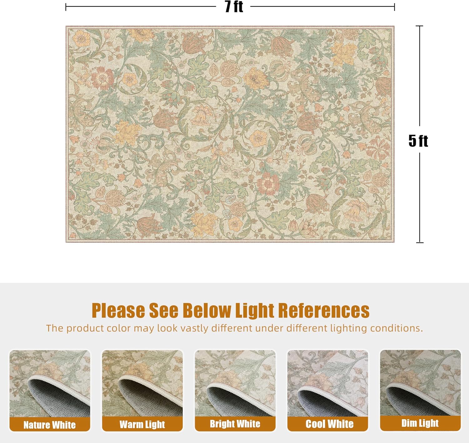 Beige Pink Floral Area Rug 5x7 for Living Room, Washable Vintage Farmhouse Botanical Rug, Non Slip Low Pile Thin Floor Carpet, Soft Decorative Rug for Bedroom Dining Room Home Office