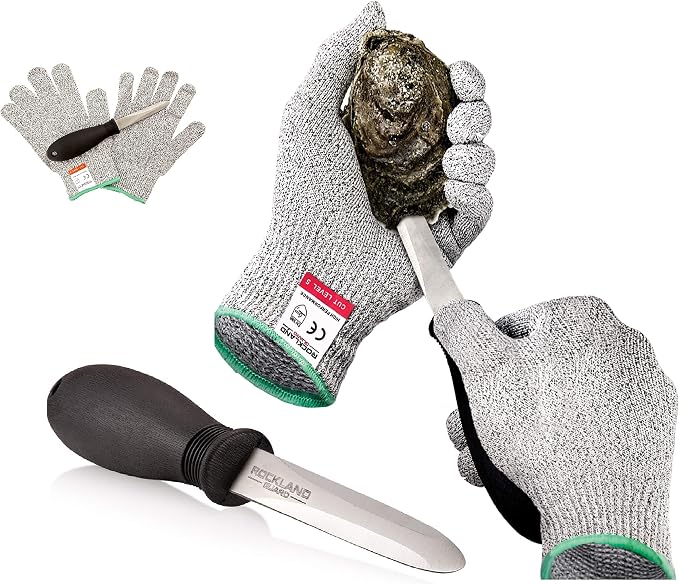 Rockland Guard Professional Oyster Shucking Kit - 3.5” Heavy Duty Stainless Steel Oyster Shucking Knife and Level 5 Cut Resistant Gloves, Clam Opener Shucker and Seafood Tool Gift Set, Large