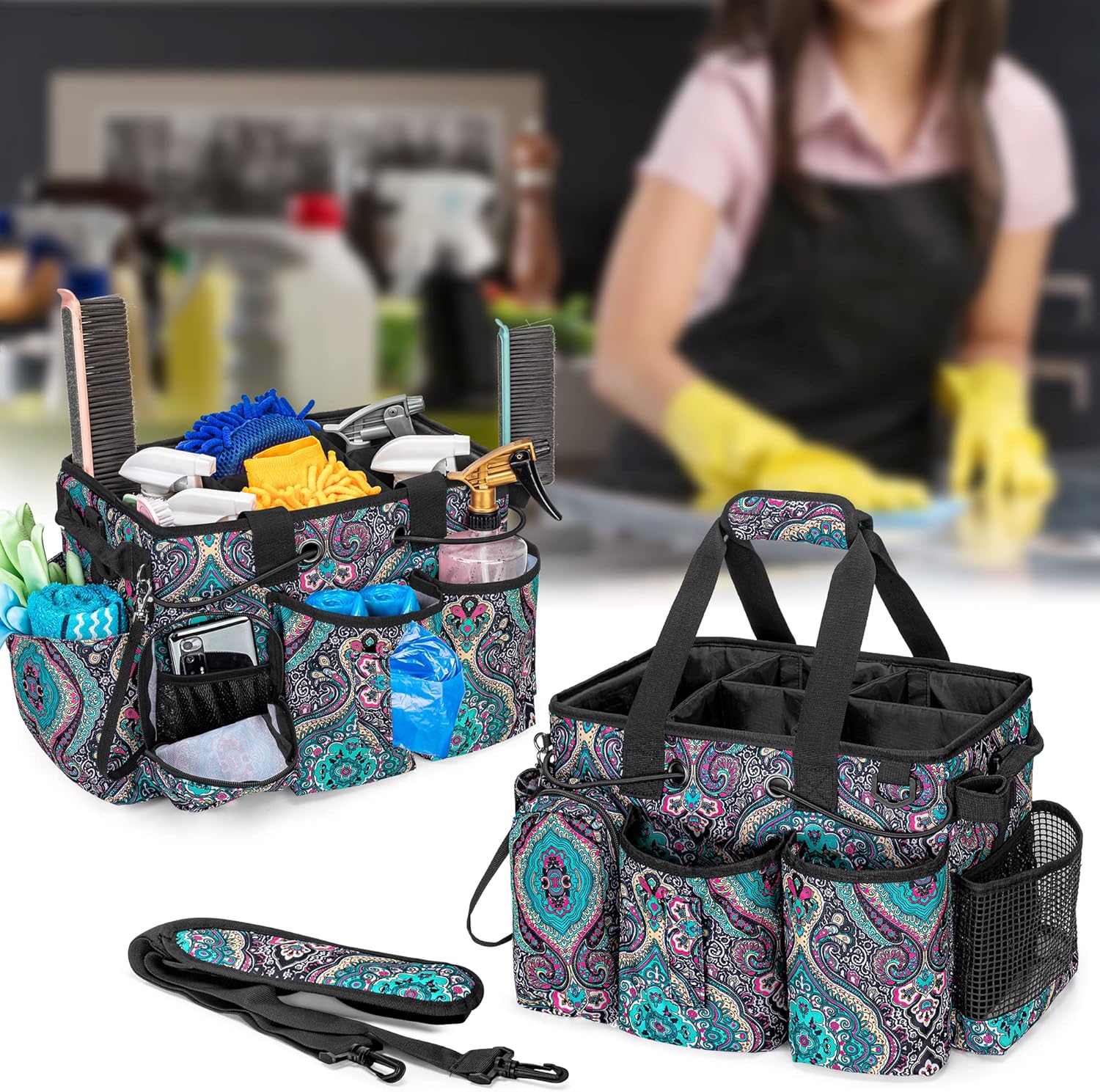 LoDrid Large Professional Cleaning Caddy with Detachable Divider, Supply Organizer with Handle and Shoulder Strap, Cleaning Bags for Housekeepers & Cleaners, Totem