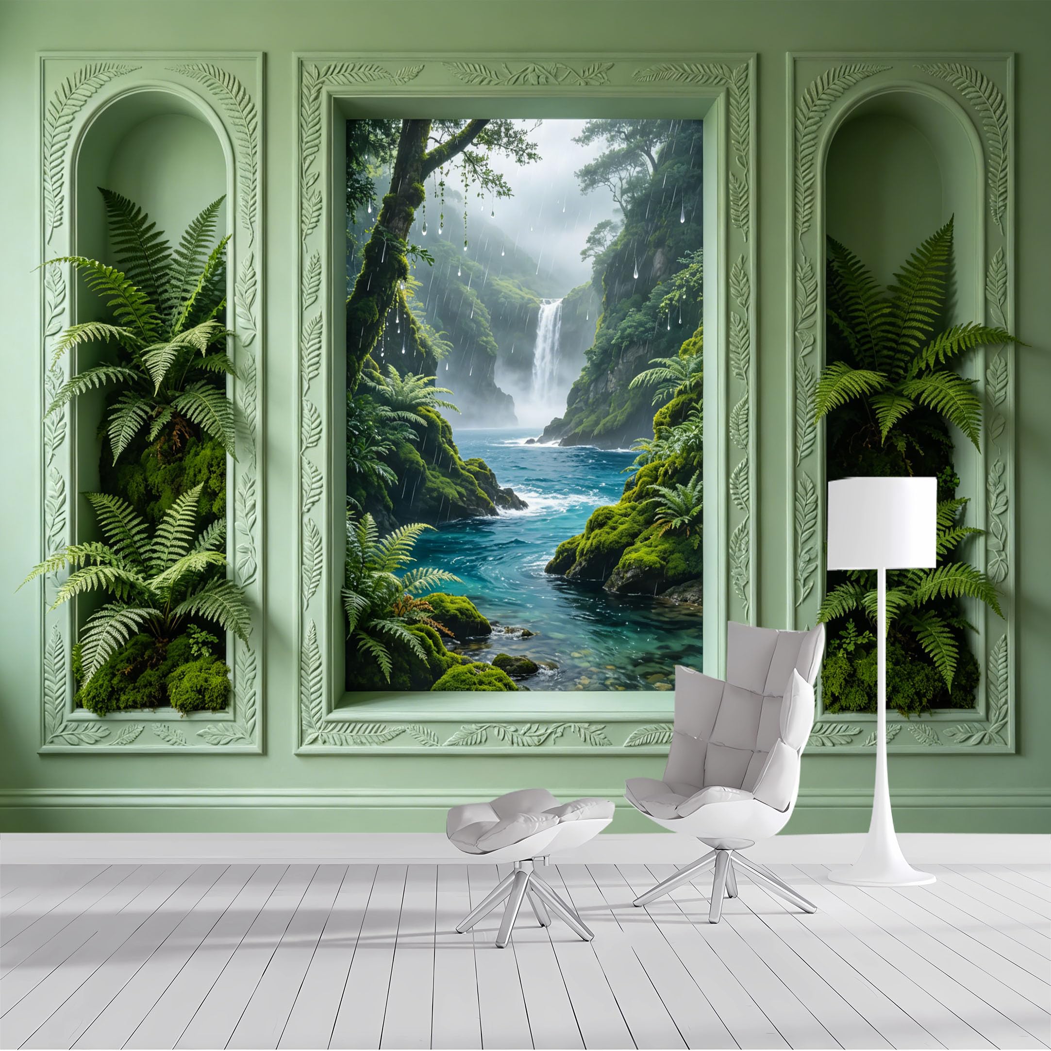 Custom Size Wall Mural Tropical Jungle Waterfall Rainy Landscape Window View 3D Effect SelfAdhesive Wall Fabric Removable Wallpaper Wall Decor for Living Room Bedroom Bathroom