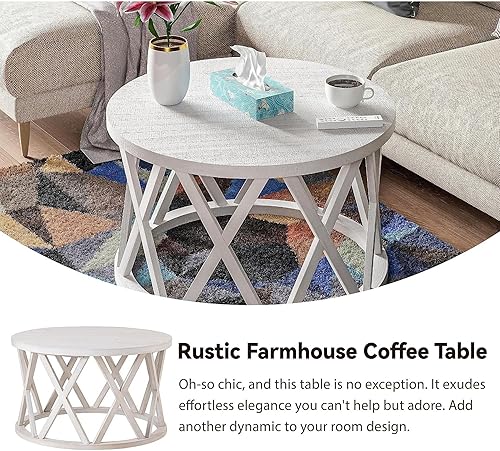 Miniatura 4 de Mesa de centro de granja, mesa de centro redonda rústica con patas de motivos en X, parte superior texturizada de madera, para bohemio, decoración