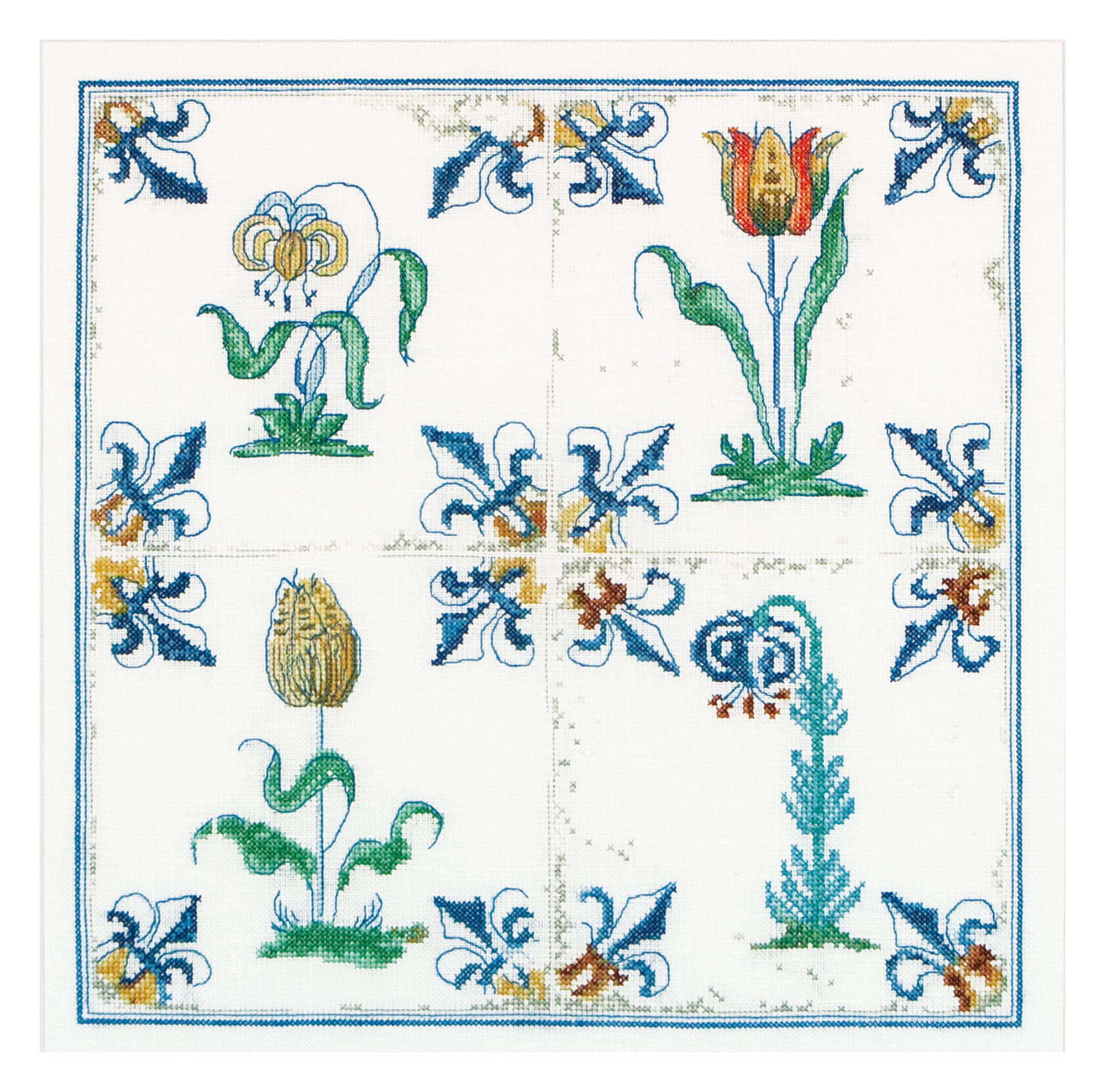 Thea Gouverneur - Counted Cross Stitch Kit - Antique Tiles Flowers - Aida - 18 Count - Embroidery Kit for Adults - DMC Embroidery Threads and Other Cross Stitch Supplies Included - 485A