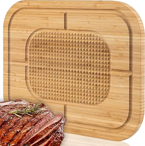 Masirs Tabla de cortar de madera de bambú, lados reversibles para cortar y tallar, crestas elevadas para mantener la carne en su lugar y ranuras