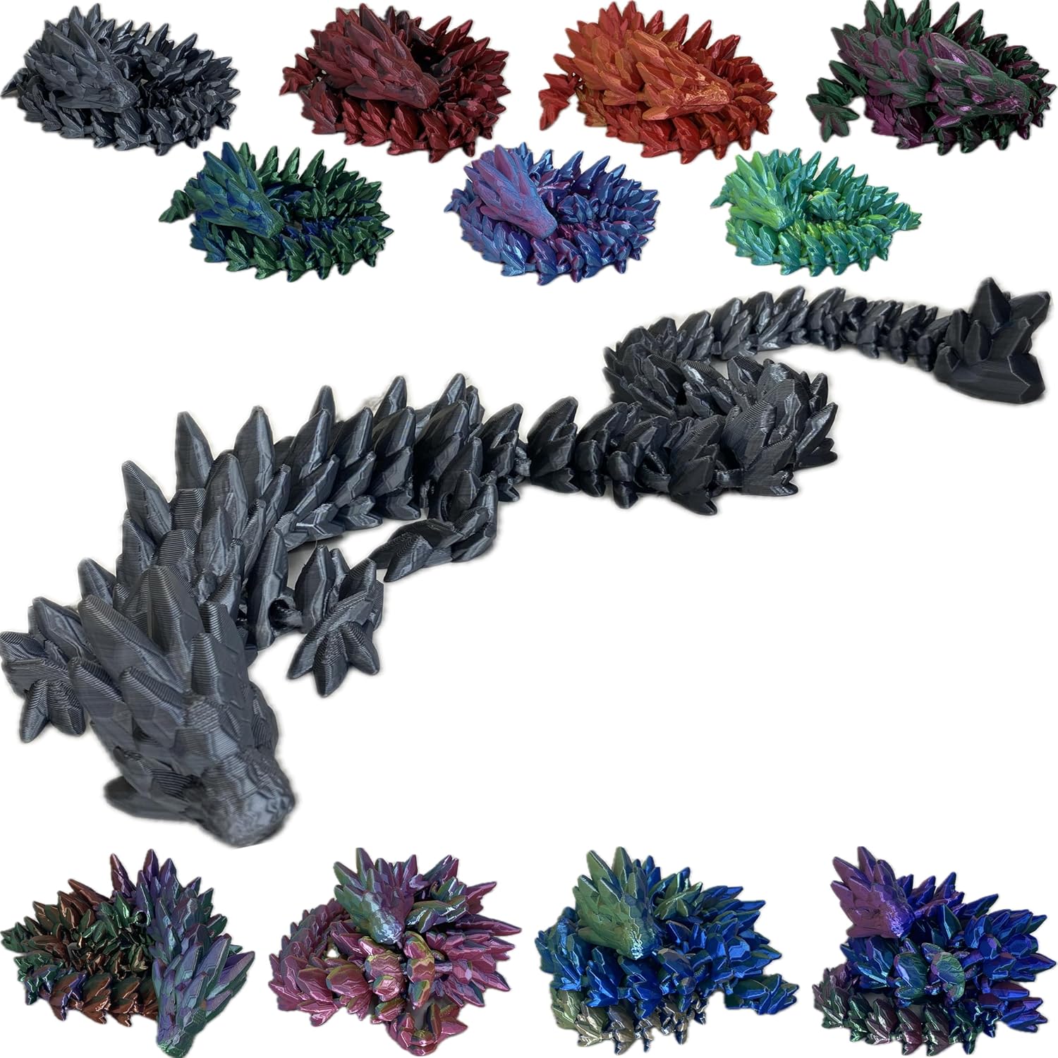 Jumbo 24" Articulated Crystal Dragon - 10+ Colors - Made in USA (Dual: Black/Silver)