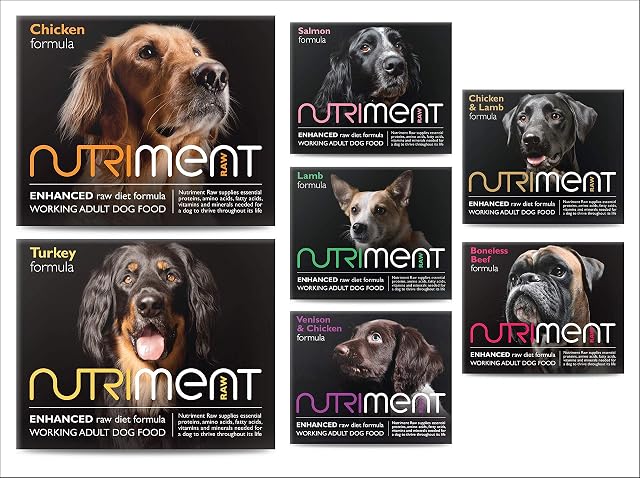 NUTRIMENT ENHANCED ADULT WORKING DOGS Raw Food (20 Tray Starter Pack) Frozen, Complete Premium BARF Diet Wet Dog food, Gluten-Free, Raw Protein, Digestible, All breeds, Sizes  10kg Mixed Flavour
