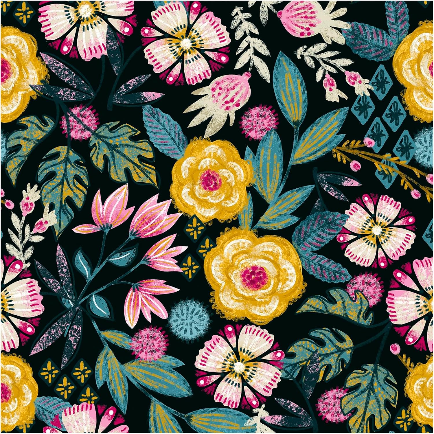 HAOKHOME Peel and Stick Floral Wallpaper Boho Black/Yellow/Fuchsia/Green Removable Wall Paper for Bathroom Decor 17.3in x 9.8ft