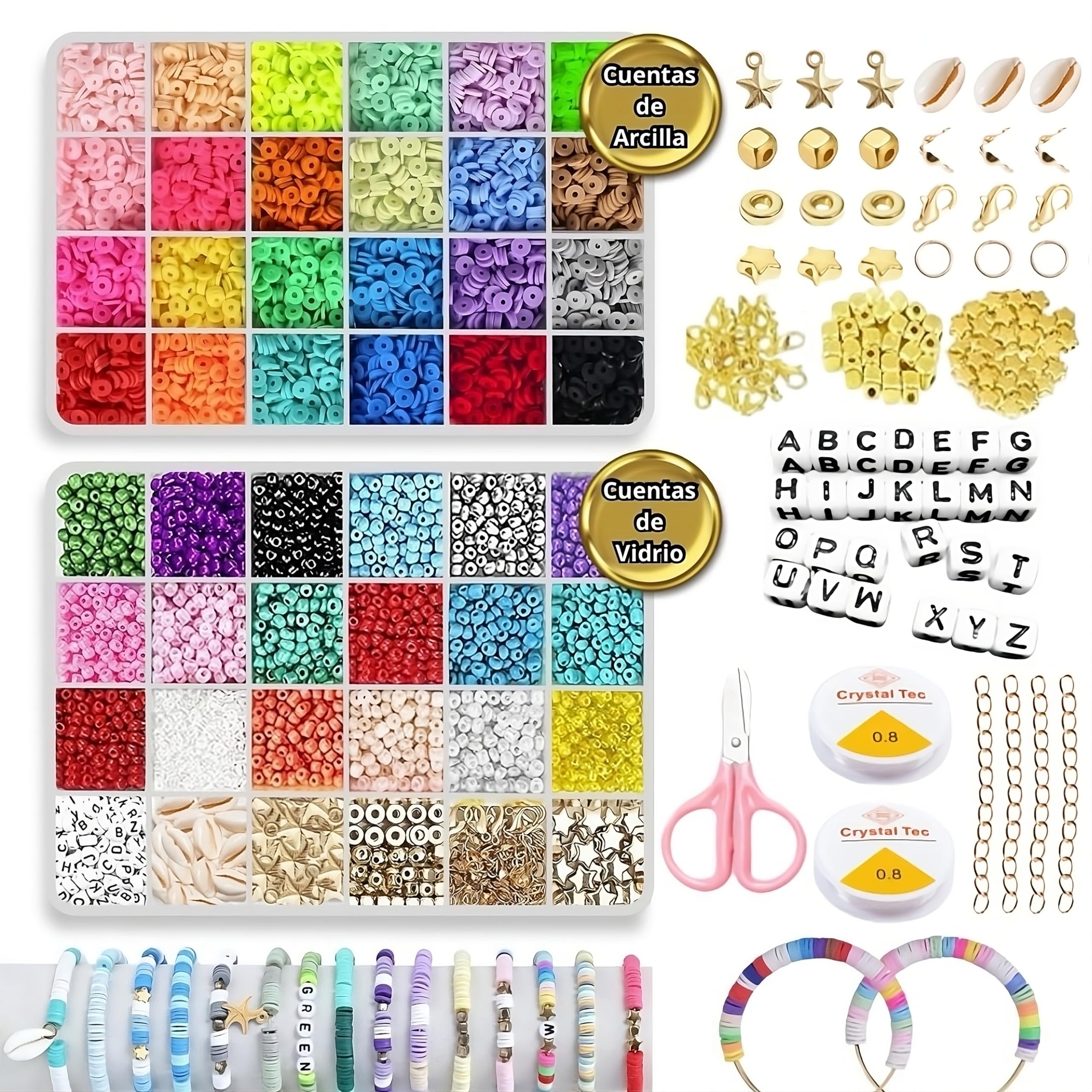 Roktrol Abalorios para Hacer Pulseras Niñas - Kit para Hacer Pulseras 10428 Piezas - Bolitas de Vidrio para Hacer Pulseras y Cuentas de Arcilla Polimérica - Cuentas para Pulseras - Kit Pulseras Niña