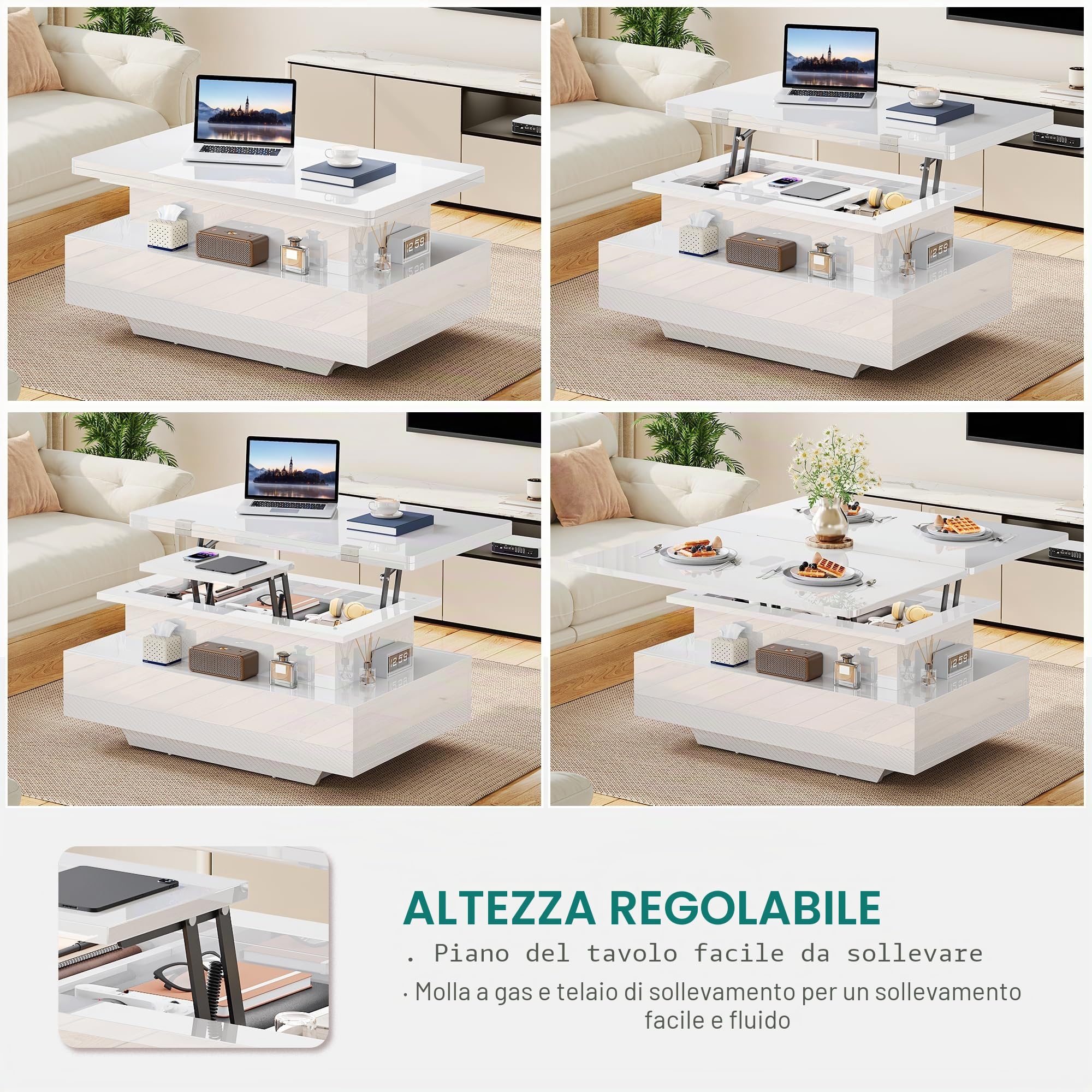 YITAHOME Tavolino Salotto Sollevabile Moderno con LED, 4 in 1 Tavolo Trasformabile in Tavolino con due Cassetti, Tavolo Soggiorno Allungabile Adatto per Soggiorno e Feste a Tavolo da Pranzo