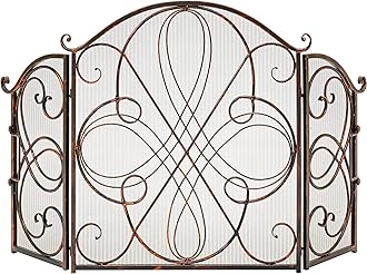 Best Choice Products 3-Panel 55x33in Solid Wrought Iron See-Through Metal Fireplace Screen, Spark Guard Safety Protector w/Decorative Scroll - Copper