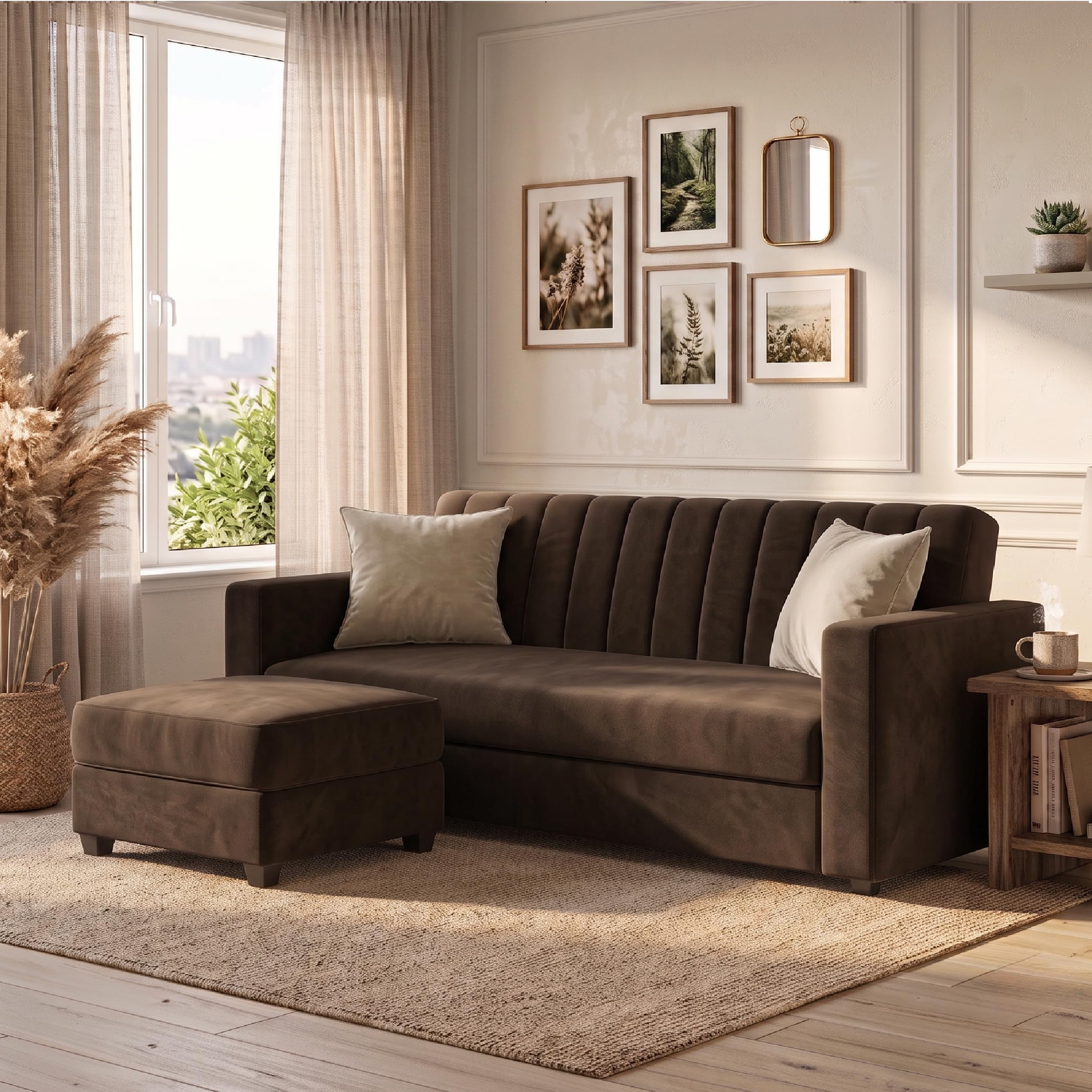 Torque-Patro 4 Seater Velvet Fabric L Shape Sofa Set with Ottoman(Dark Brown)|4 Person Sofa, Wooden Sofa Set,Couch for Living Room Furniture | 1 Years Warranty-image-12