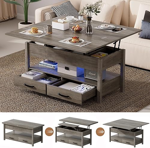 Miniatura 9 de Mesa de centro con tapa elevable de 39.4 pulgadas con estación de carga, mesa central con diseño de mármol brillante con compartimento de Blanco