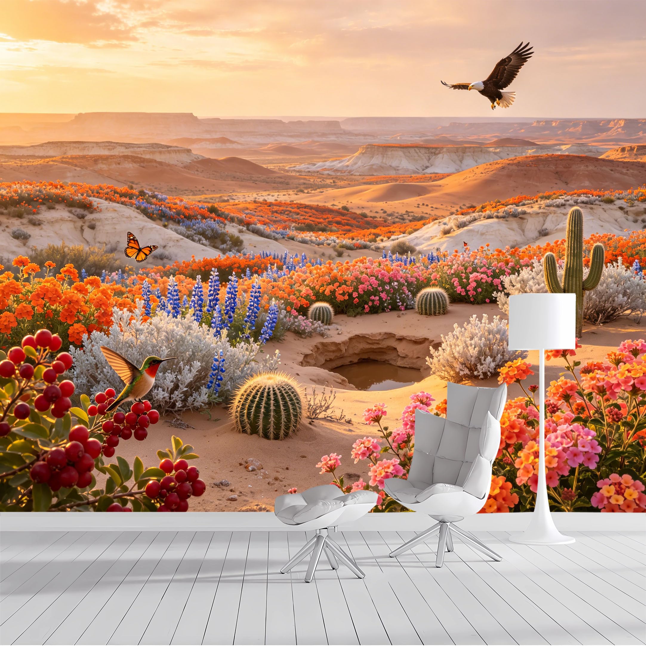 Custom Size Wall Mural Desert Landscape Eagle Butterfly Wildflowers Cactus Sunset Watercolor SelfAdhesive Wall Fabric Removable Peel and Stick Wallpaper for Living Room Bedroom Bathroom