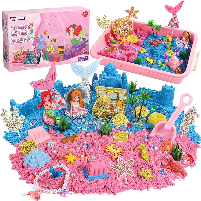 Contenedor sensorial de sirena, kit de arena para niñas y niños de 3, 4, 5, 6 y 7 años | Juguetes de sirena, juego sensorial de 2,2 libras de arena de colores, caja de arena con tapa, cofre del tesoro con gemas, regalo para niños de 3, 4, 5, 6, 7 y 8 años