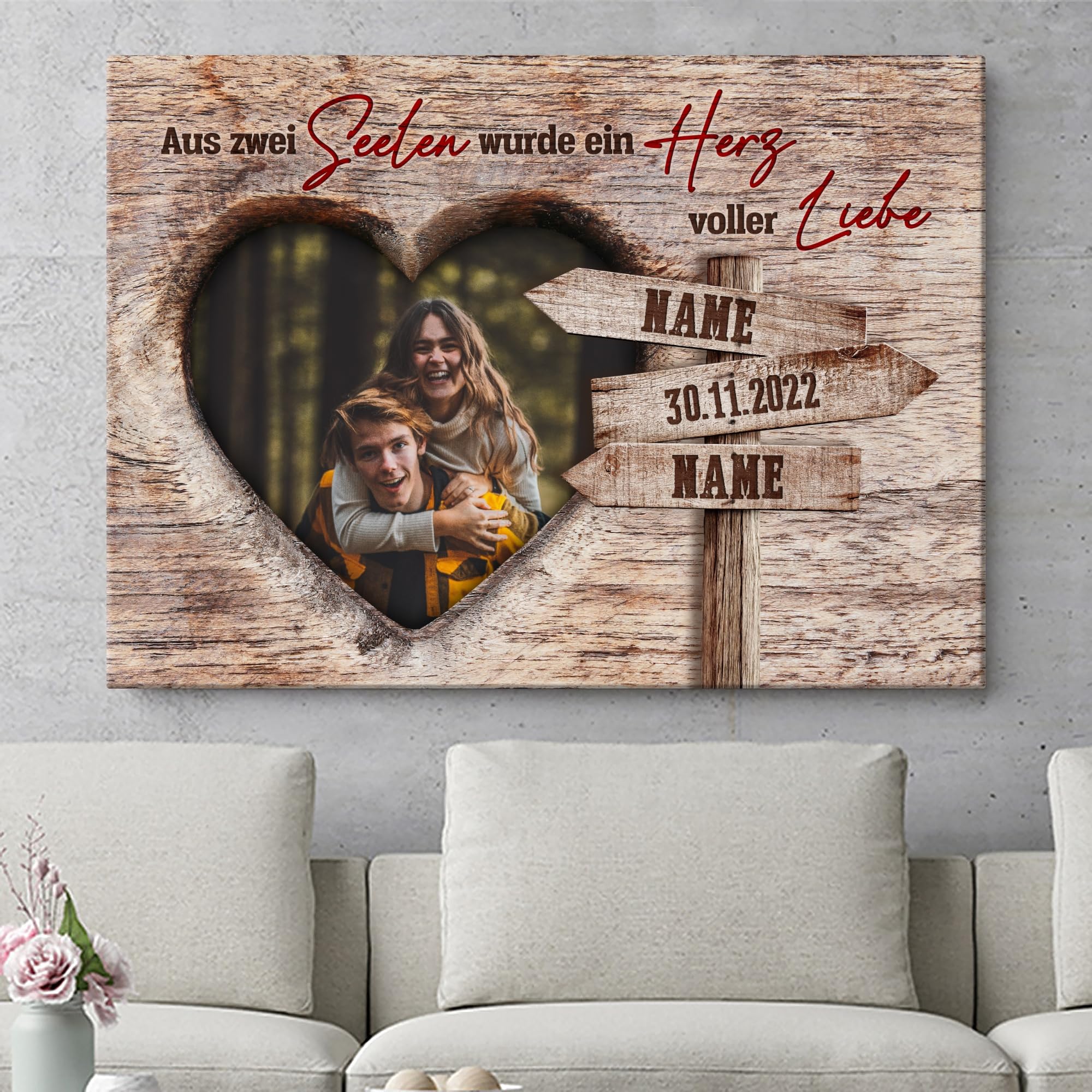 Liebesleinwand Leinwand mit Foto personalisiert | Geschenk für sie oder ihn zum Jahrestag, Verlobung, Hochzeitstag | Leinwandbild gestalten mit Namen und Datum | Romantische Gedanken