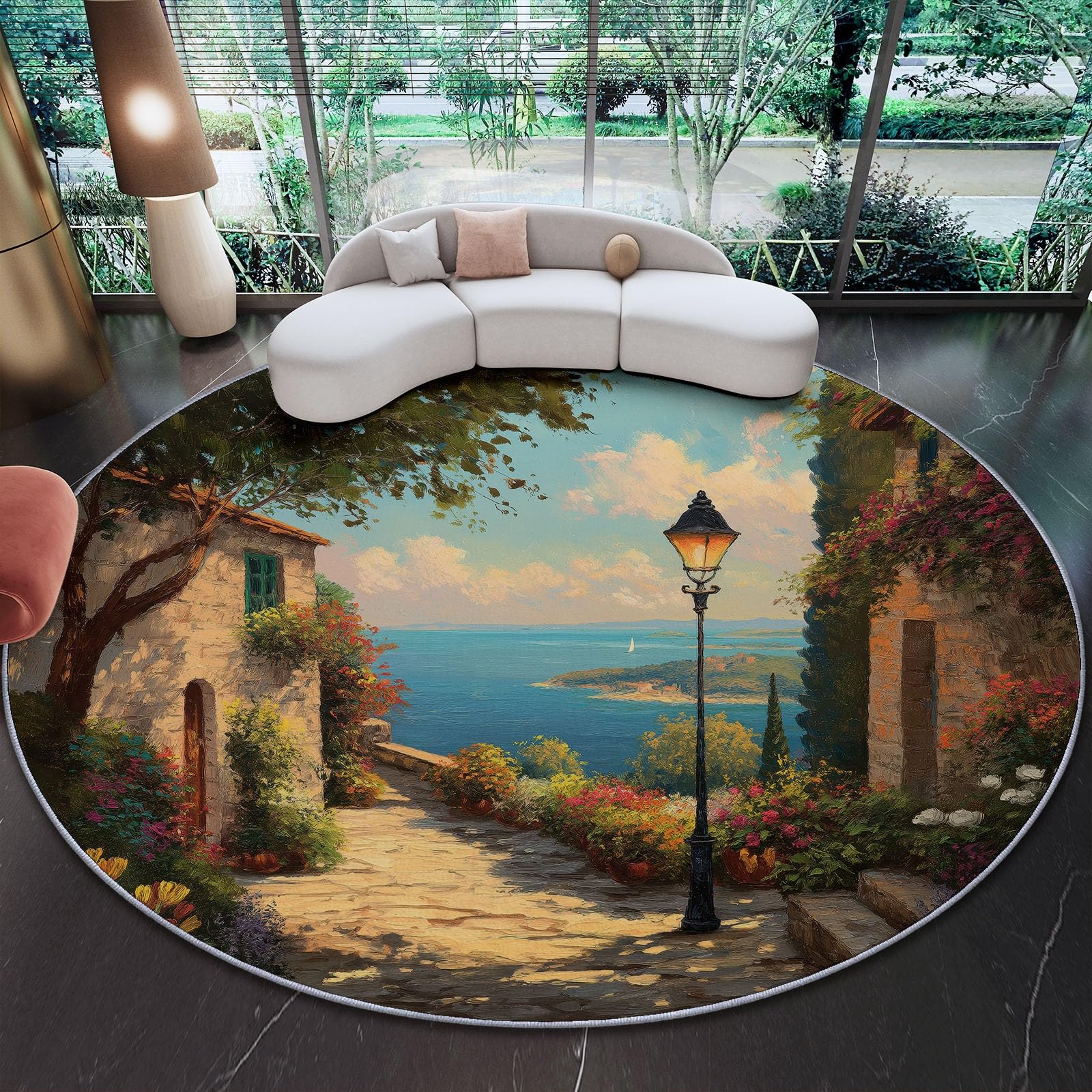 Genérico Alfombra Redonda para Comedor Paisaje Natural Motivo Alfombra Antideslizante Suave y esponjosa para Sala de Estar, Dormitorio, habitación Infantil, 150 cm, Vistoso