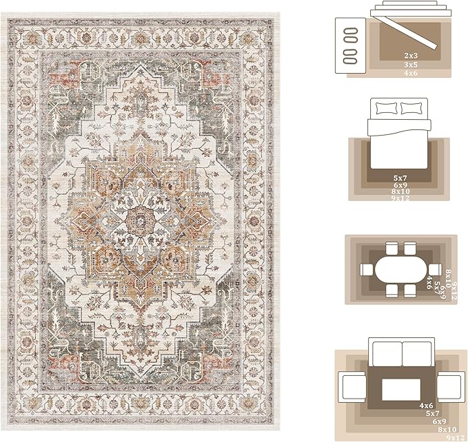Alfombra 5x7 para sala de estar ultrasuave lavable Vintage Boho Antideslizante miniatura 8
