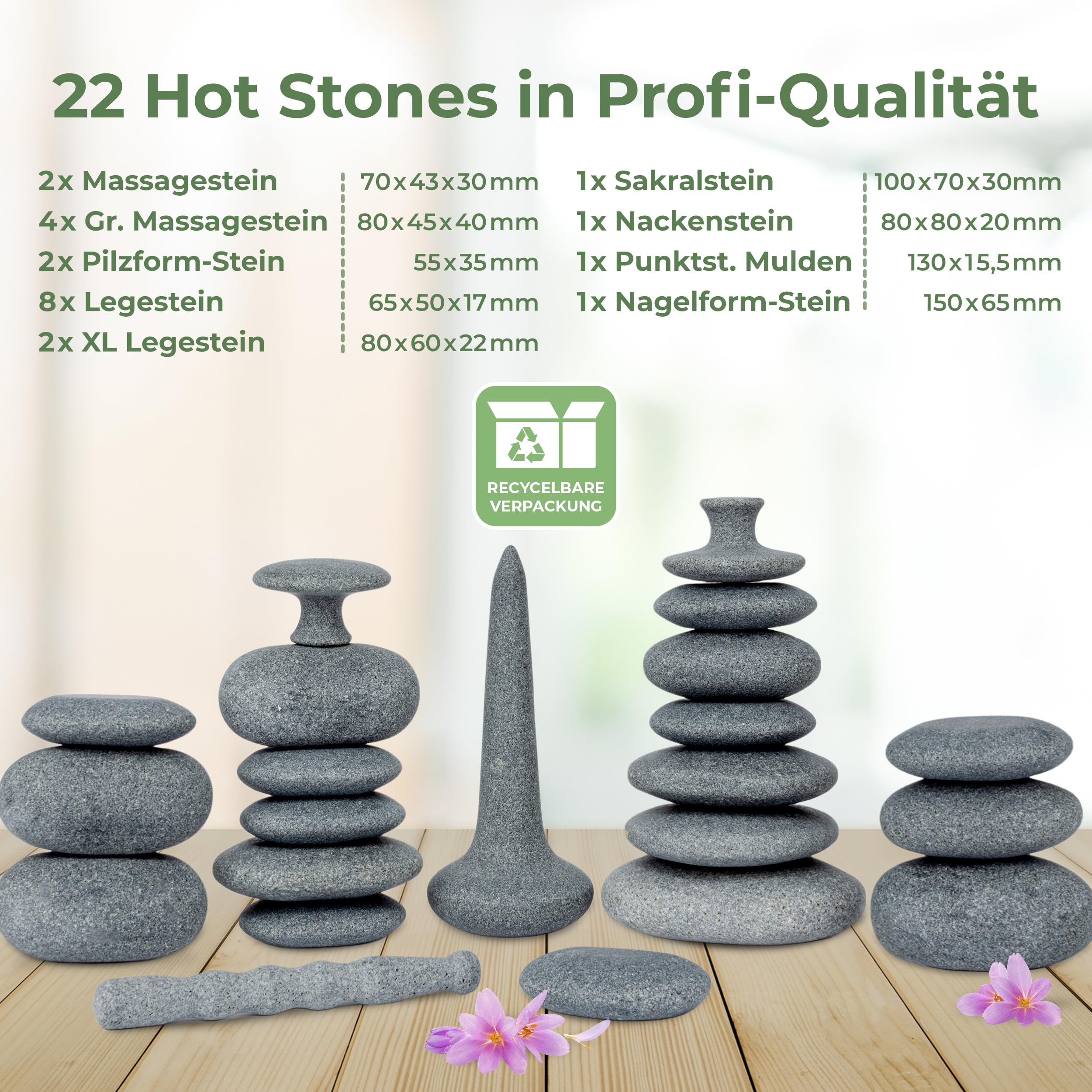 Hot Stone Massage Set RÜCKEN für die Rücken- und Nackenmassage mit 22 Hot Stones aus zertifiziert echtem Basalt für viel Wärme