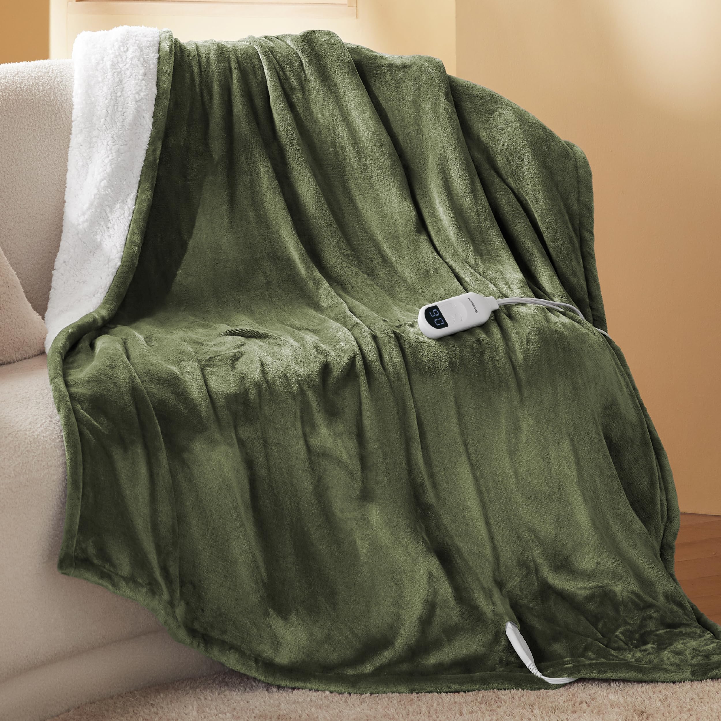 Bedsure Heated Blanket Electric Throw - Seamless Flannel Electric Blanket, Heating Blanket with 4 Time Settings & 6 Heat Settings, Warm Blanket Gift for Grandma (50x60 inches, Olive Green)