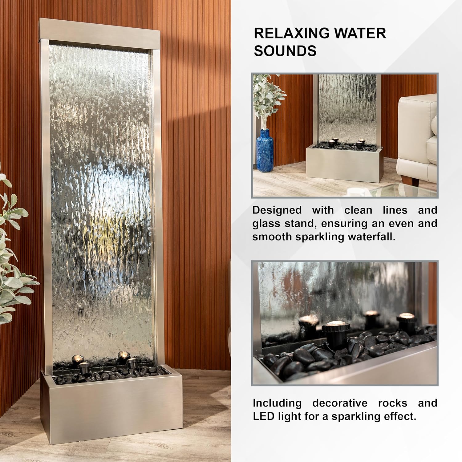 XBrand 68 in. H Freestanding Modern Indoor/Outdoor Waterfall Fountain with Decorative Rocks, LED Lights and Auto Shut-Off Pump, Stainless Steel and Clear Glass, Silver