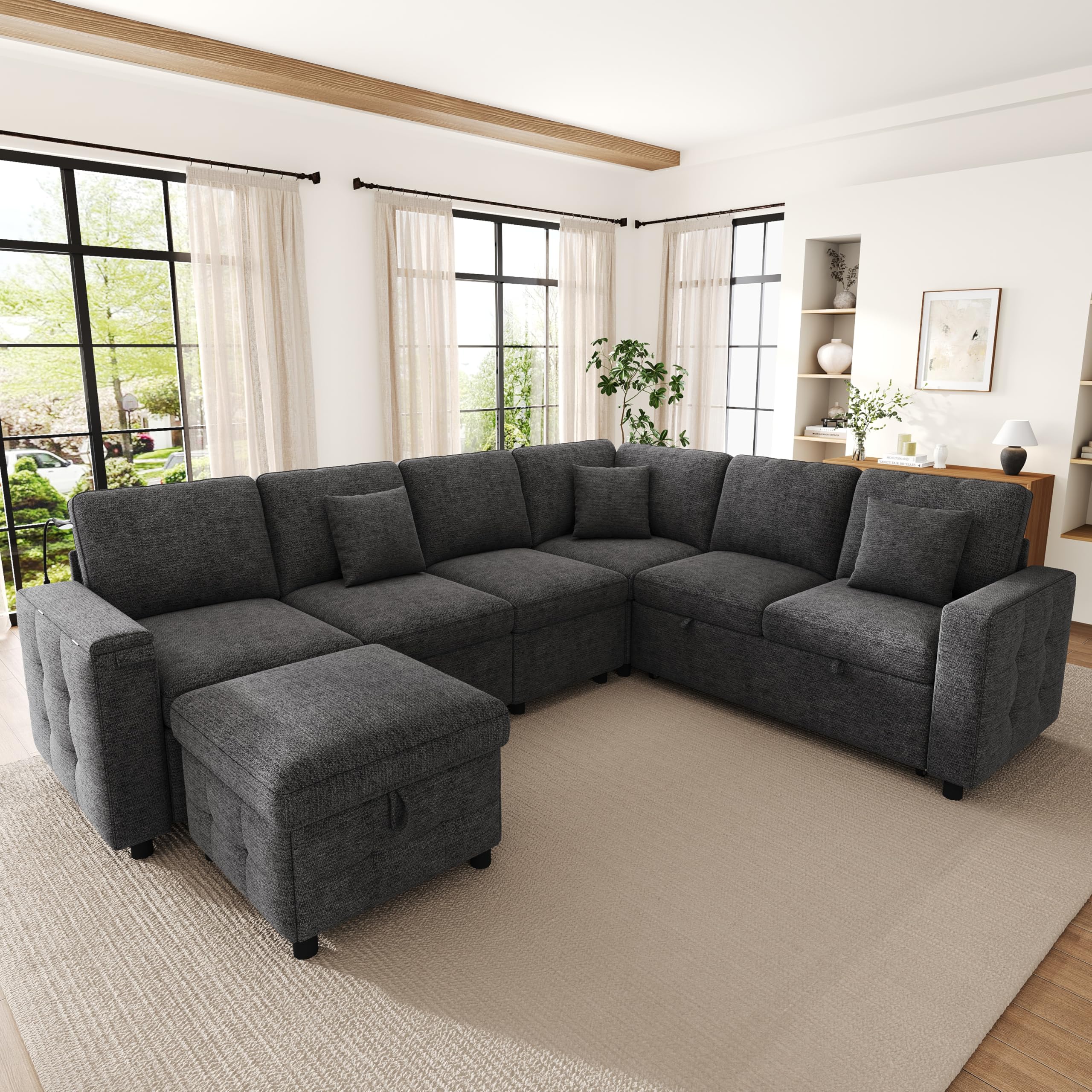 Sofá modular de 7 plazas con función de cama y compartimento de almacenamiento, sofá esquinero en L con lectura LED, puertos USB y USB-C, sofá cama con portavasos, sofás convertible, chenilla y