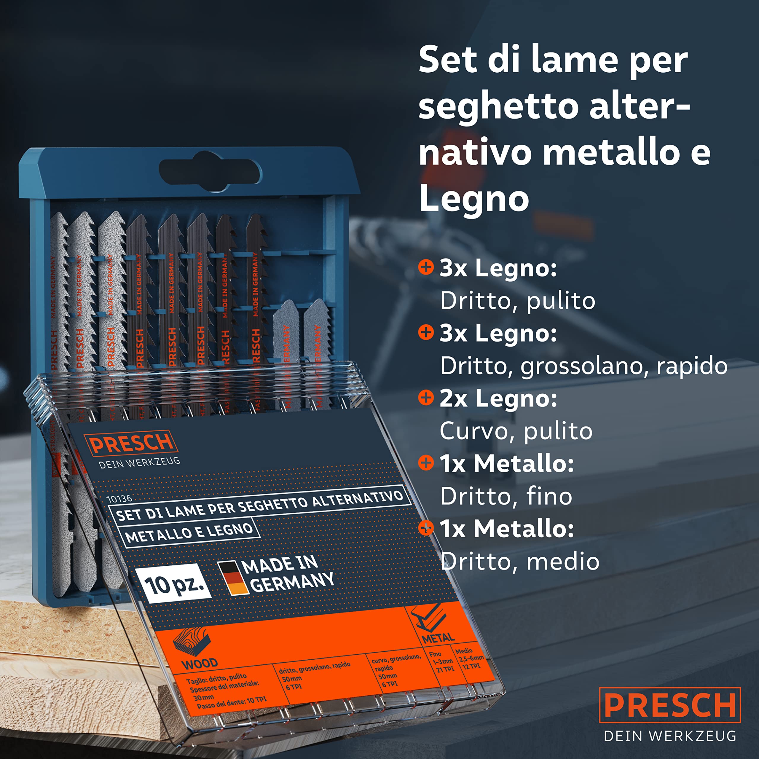 Presch Set di lame seghetto alternativo Metallo e Legno 10 pz. - Un unico set di lame per seghetto con codolo a T alternativo per tutte le applicazioni
