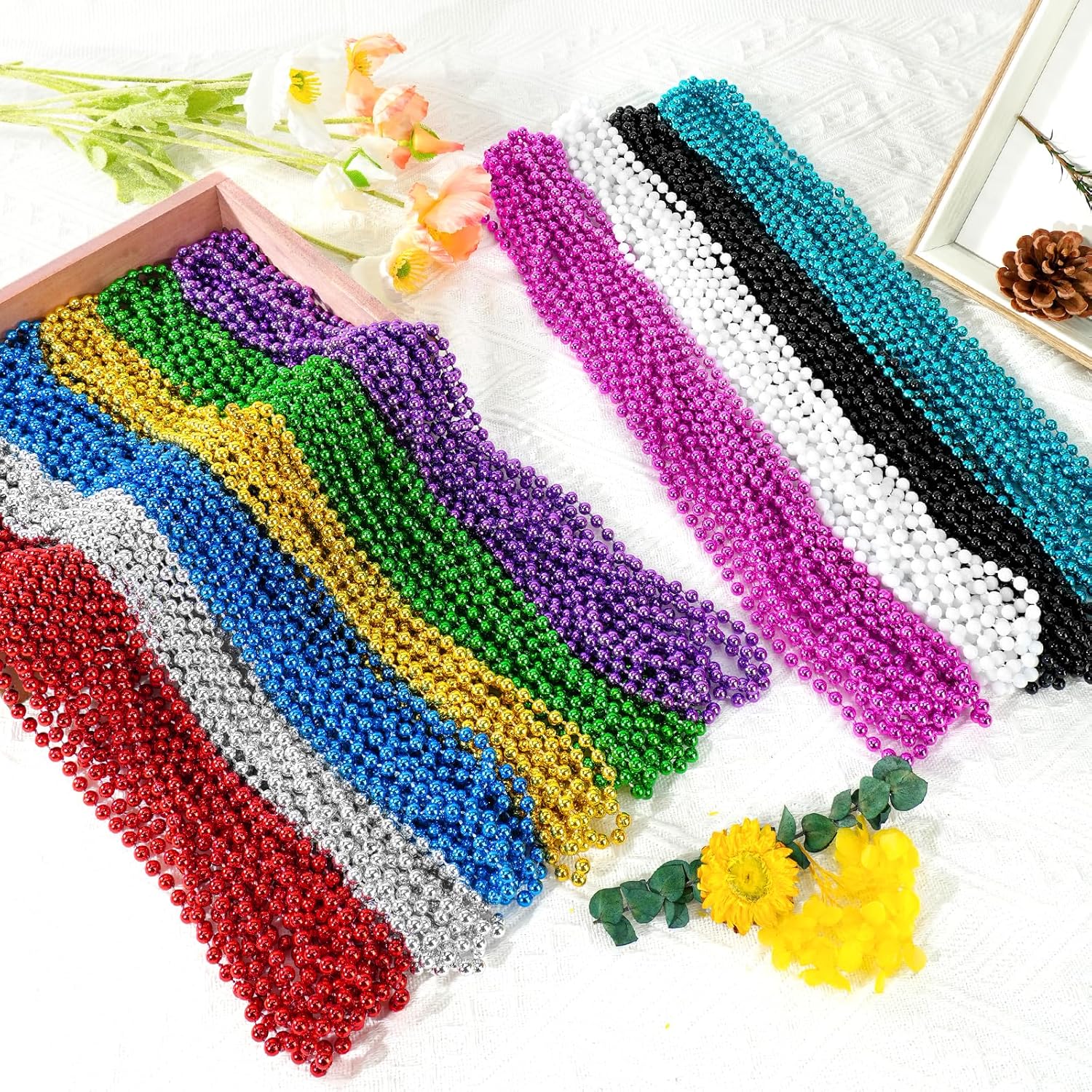 SHAOQINLIN 12 PCS Mardi Gras Beads, 10 Colors 33 Inch Colorful Bead Necklaces Bulk Party Beads Necklace Round Beaded Necklaces for Mardi Gras, St. Patrick's Day, Christmas, Carnival Party Favor - Image 6