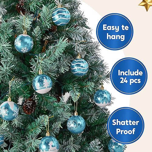 Miniatura 3 de Joiedomi 24 adornos de bola azul claro de lujo, decoración de árbol de Navidad de 2.3 pulgadas, adornos de bolas inastillables surtidos para